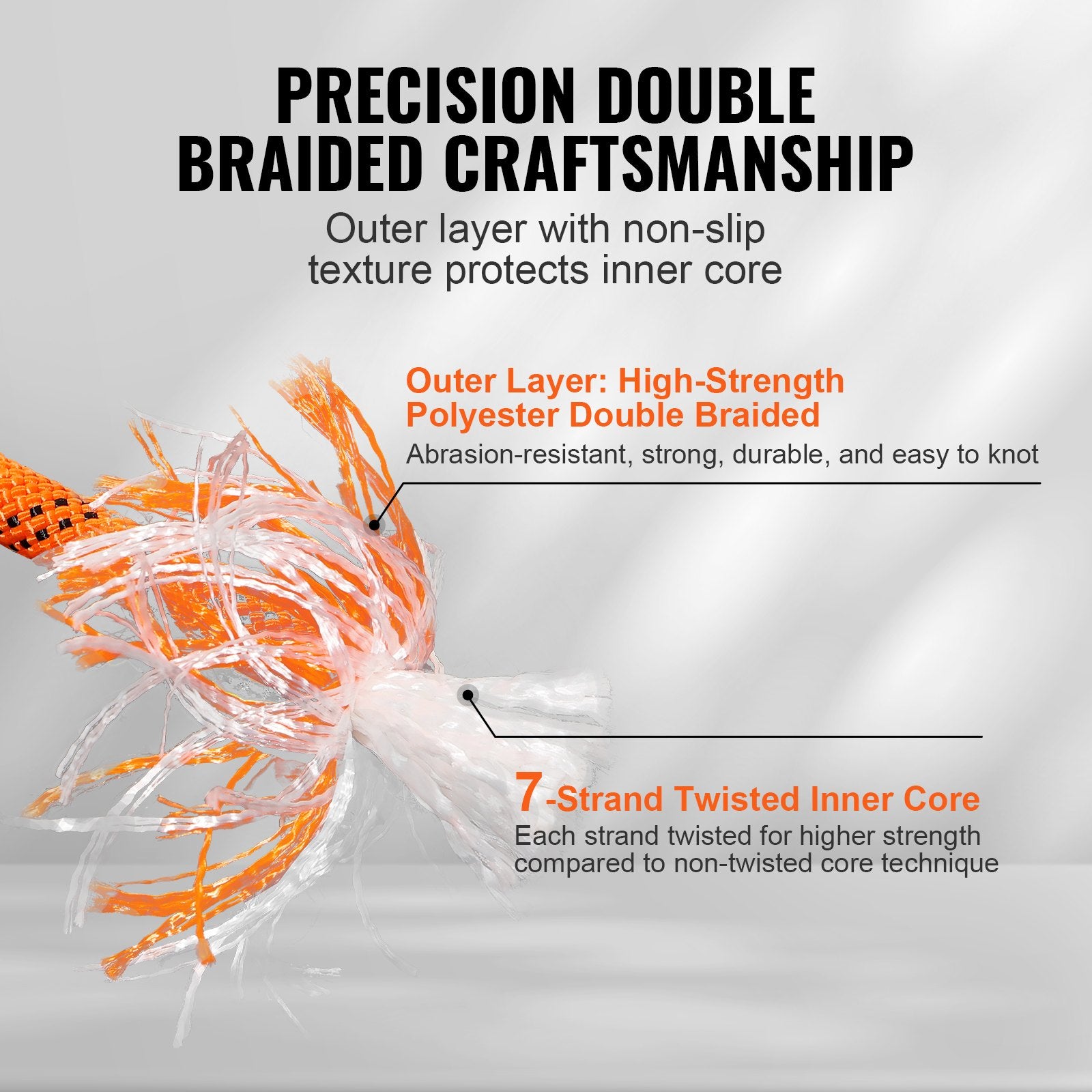 VEVOR Double Braided Polyester Rope, 12.7 mm x 36.57 m, 48 Strands, 35.58kN Breaking Strength Outdoor Climbing Rope, Arborist Rigging Rope for Rock Hiking Camping Swing Rappelling Rescue, Orange/Black