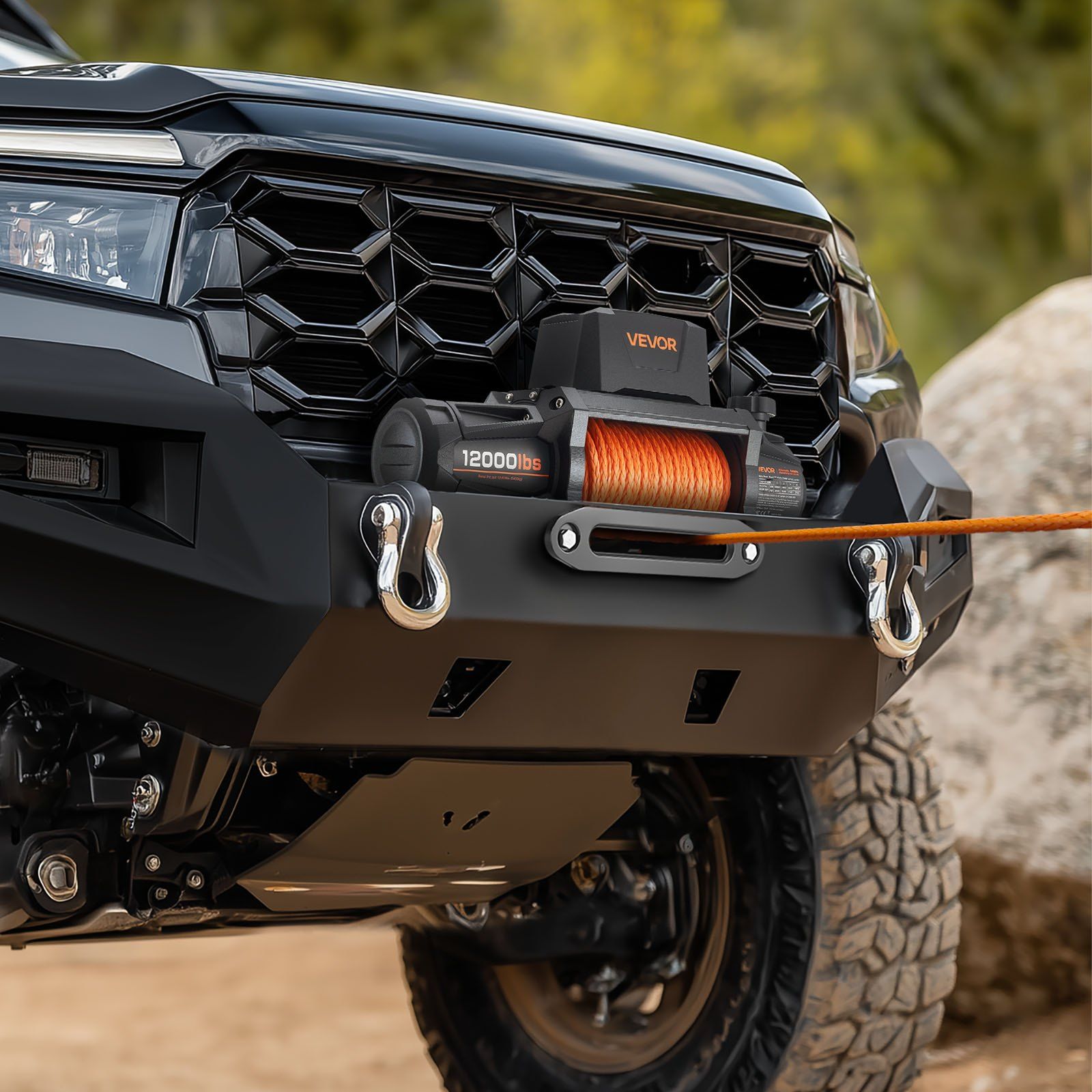 Electric Winch, 5400 kg Load Capacity, 12V DC Truck Winch with Φ9.5 mm x 28 m Synthetic Rope, Wireless & Wired Remote Control, IP67 Waterproof for Towing Off-Road SUV Jeep Trailer Boat