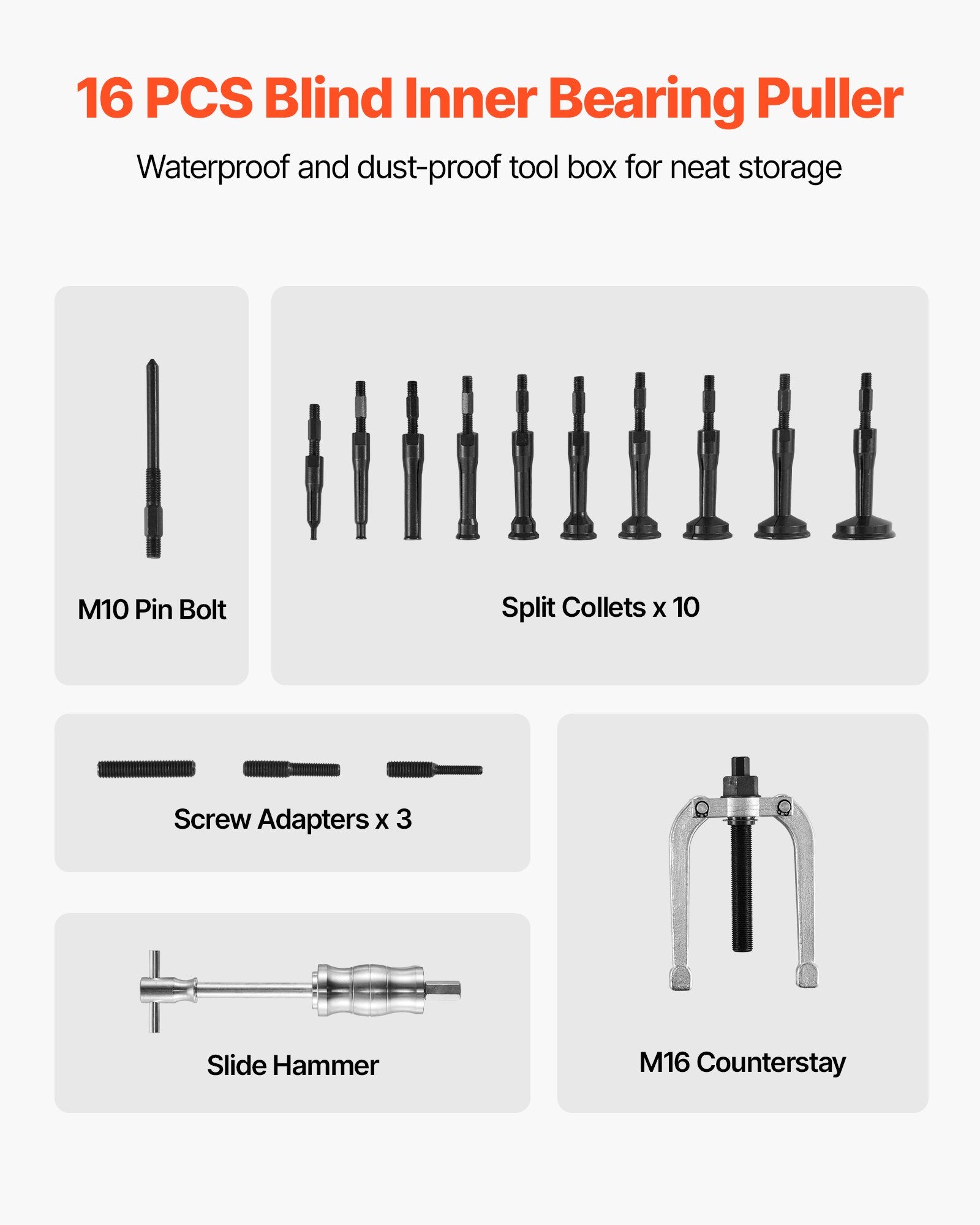 VEVOR Blind Hole Bearing Puller Set, 16-in-1 Inner Bearing Race and Seal Extractor Kit, 16 PCS Slide Hammer Pilot Insert Inner Internal Bearing Removal Tool Set with 10 Split Collets and Counterstay