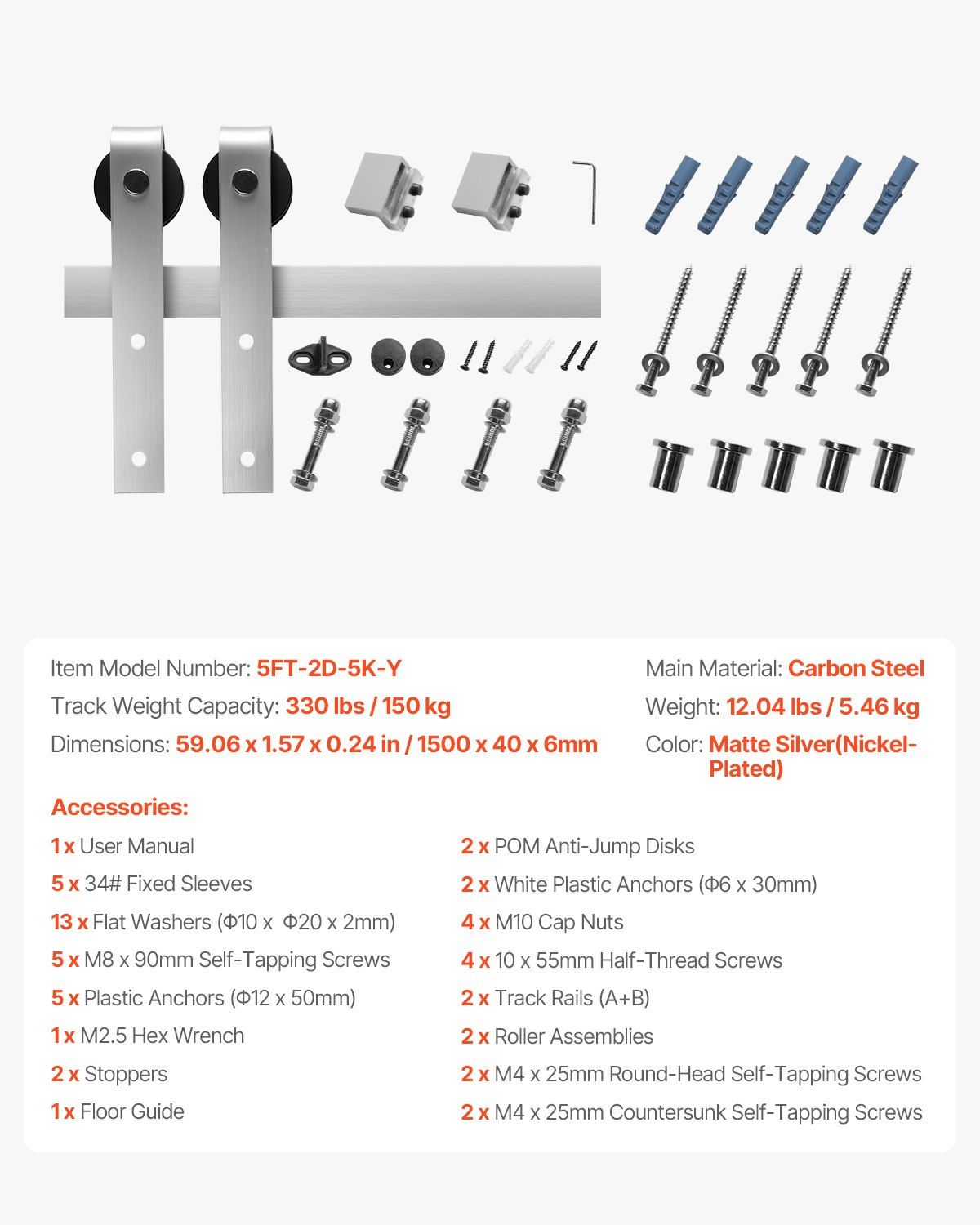 5FT Sliding Barn Door Hardware Kit, 330 LBS Weight Capacity, Compatible with 30 Inches Max Width & 1-3/8 to 1-3/4 Inches Thickness Single Sliding Barn Door, Durable Track & J-shape Roller Silver
