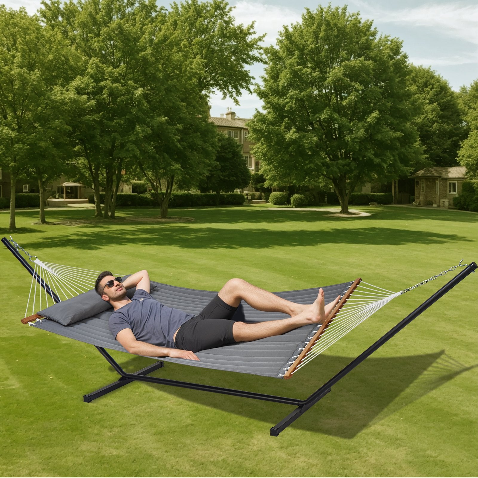 VEVOR Double Quilted Fabric Hammock Two Person Hammock with Stand 480lb Capacity