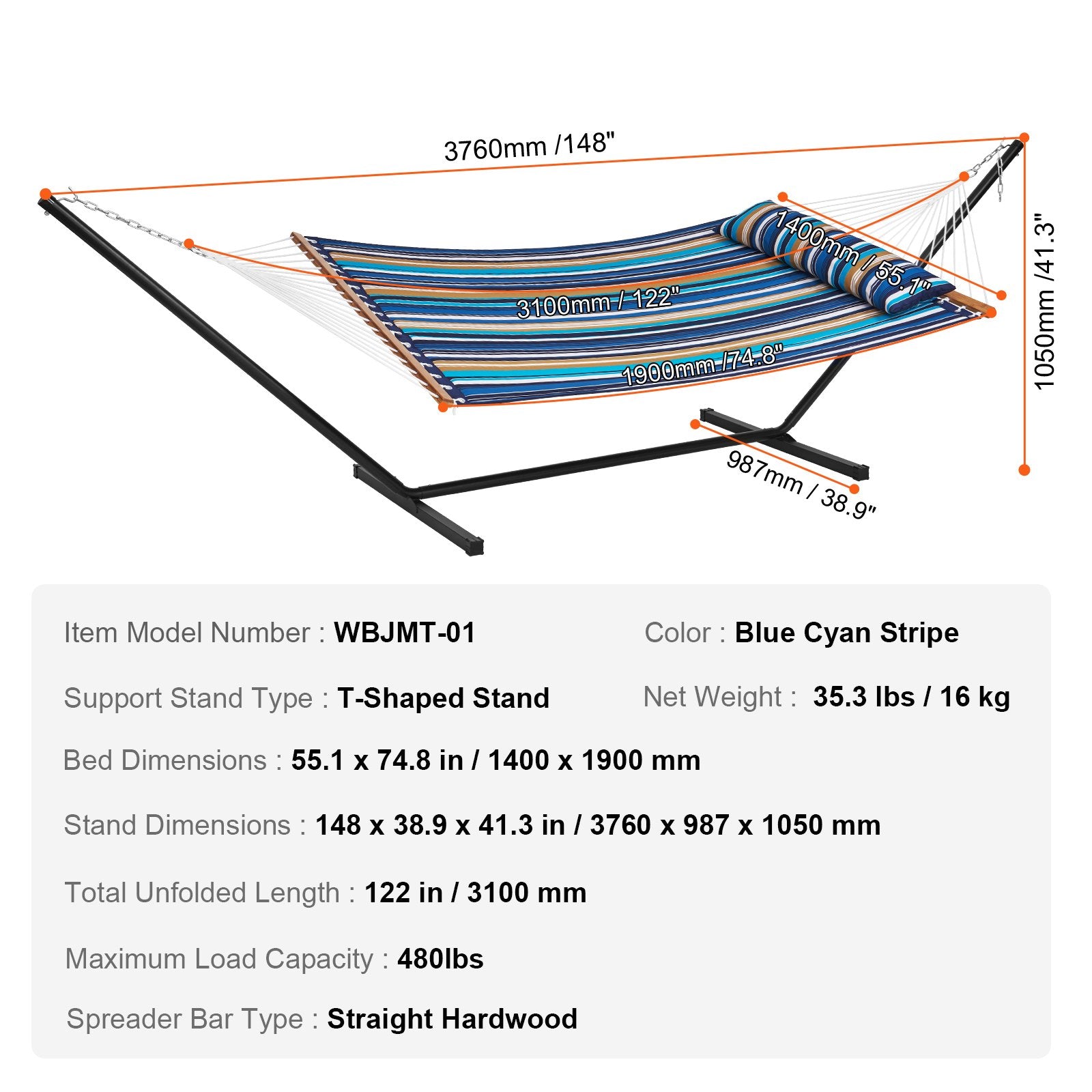 VEVOR Double Quilted Fabric Hammock Two Person Hammock with Stand 480lb Capacity