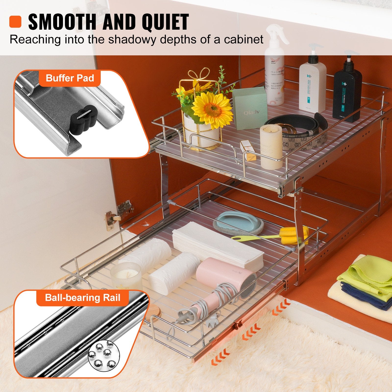 VEVOR 2 Tier 20"Wx21"Dx15"H Pull Out Cabinet Organizer, Heavy Duty Slide Out Pantry Shelves, Steel Roll Out Drawers, Sliding Drawer Storage for Home, 21.5"Wx22"Dx18"H Install Size for Cabinet