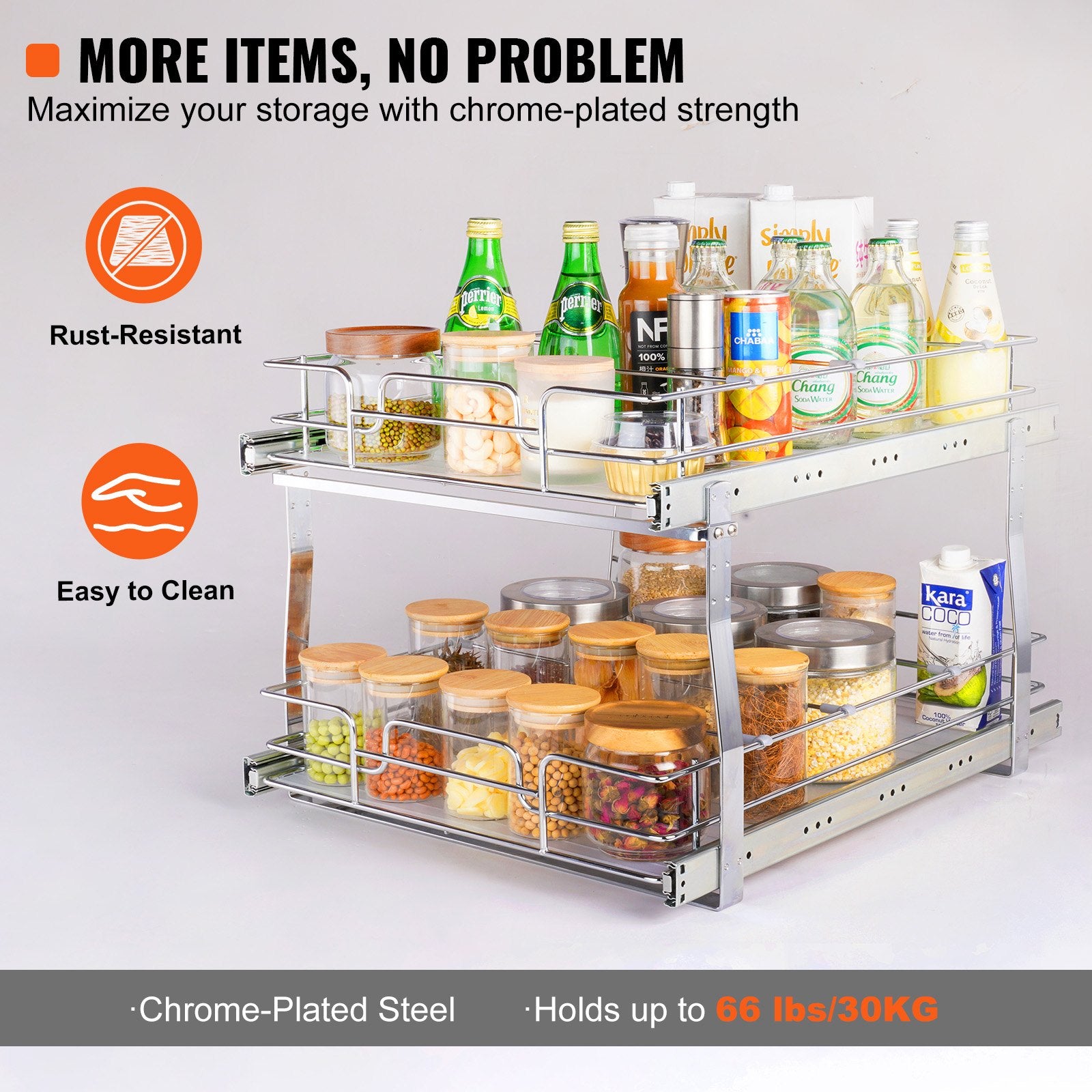VEVOR 2 Tier 20"Wx21"Dx15"H Pull Out Cabinet Organizer, Heavy Duty Slide Out Pantry Shelves, Steel Roll Out Drawers, Sliding Drawer Storage for Home, 21.5"Wx22"Dx18"H Install Size for Cabinet
