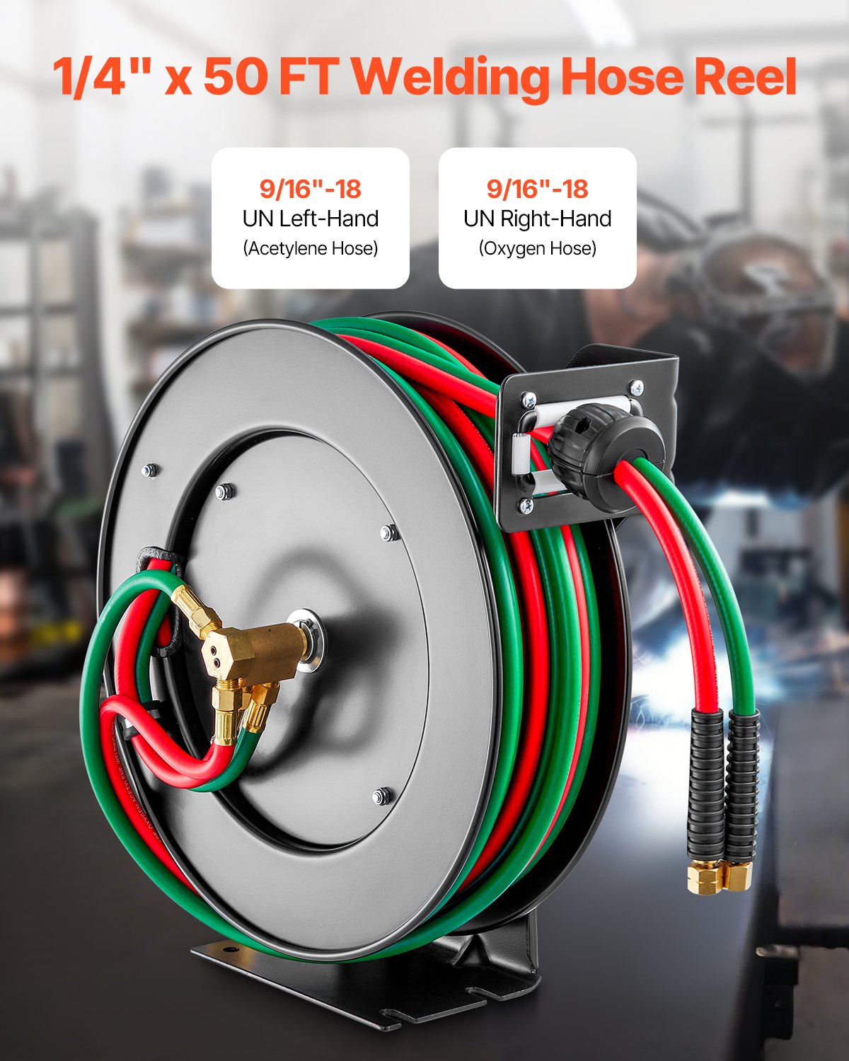Retractable Welding Hose Reel 1/4 in x 50FT Oxygen Acetylene Rubber Hose R Grade