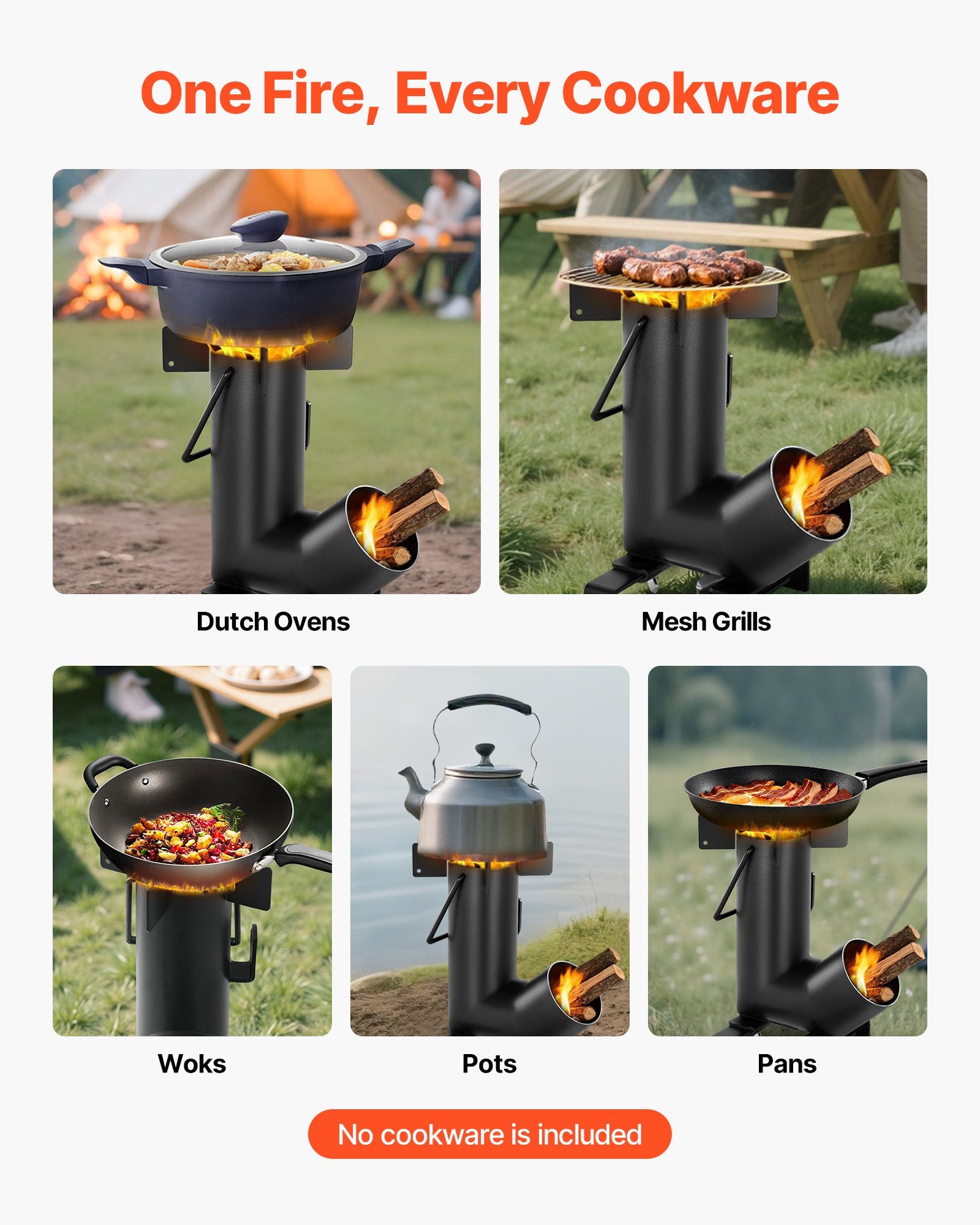 VEVOR Camping Rocket Stove, Wood Burning Portable Rocket Stove with Carrying Bag for Backpacking, Carbon Steel, Burn Wood, Twigs or Sticks for Outdoor Cooking, Backyard, Camp Cooking, Heating, Black