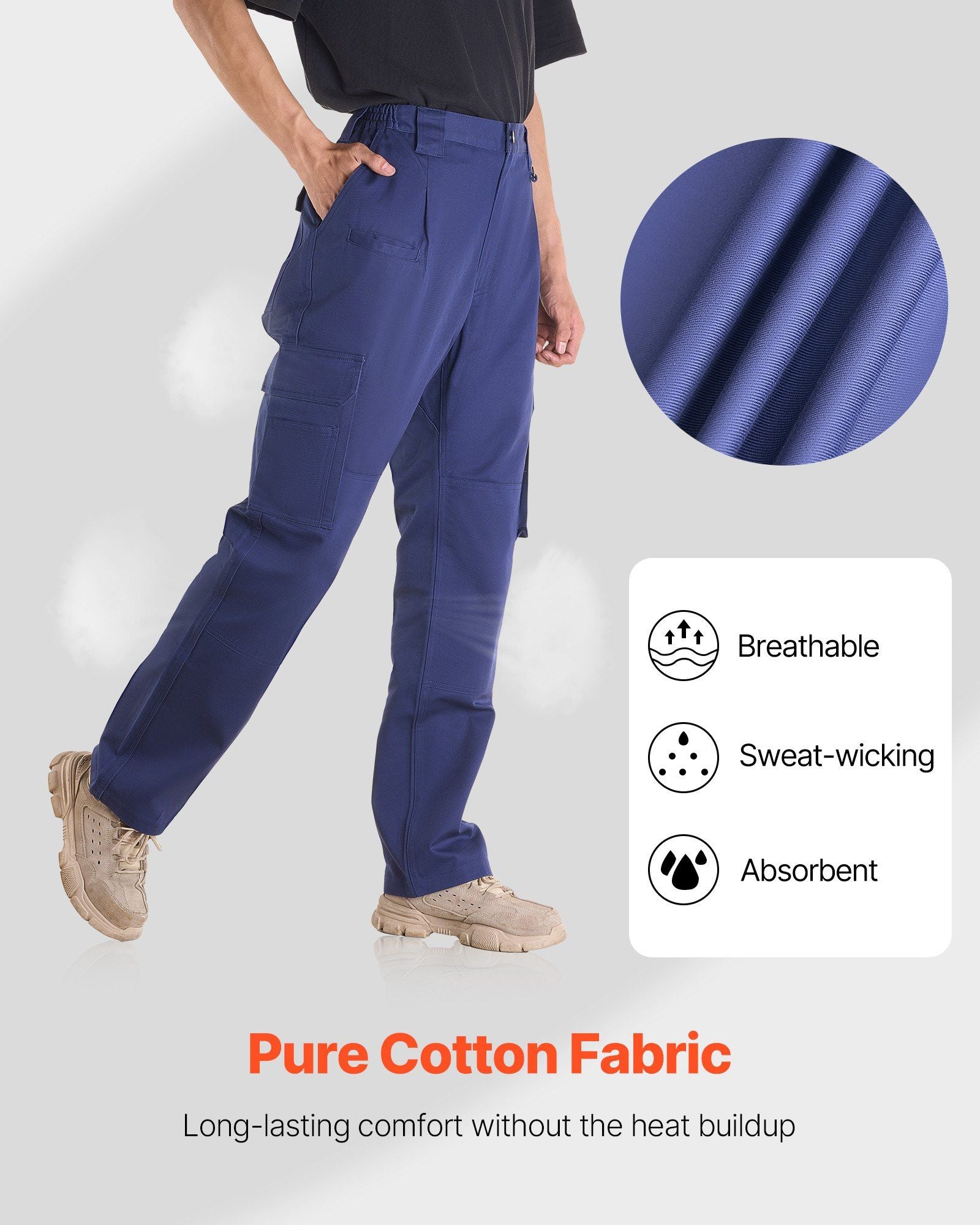 FR Pants for Men, 100% Cotton, Flame-Resistant Cargo Pants with Multi-Pockets and Elastic Waist, Reinforced Tear-proof Stitching, Ideal for Welding Work and Casual Wear, XXL Size, Dark Blue