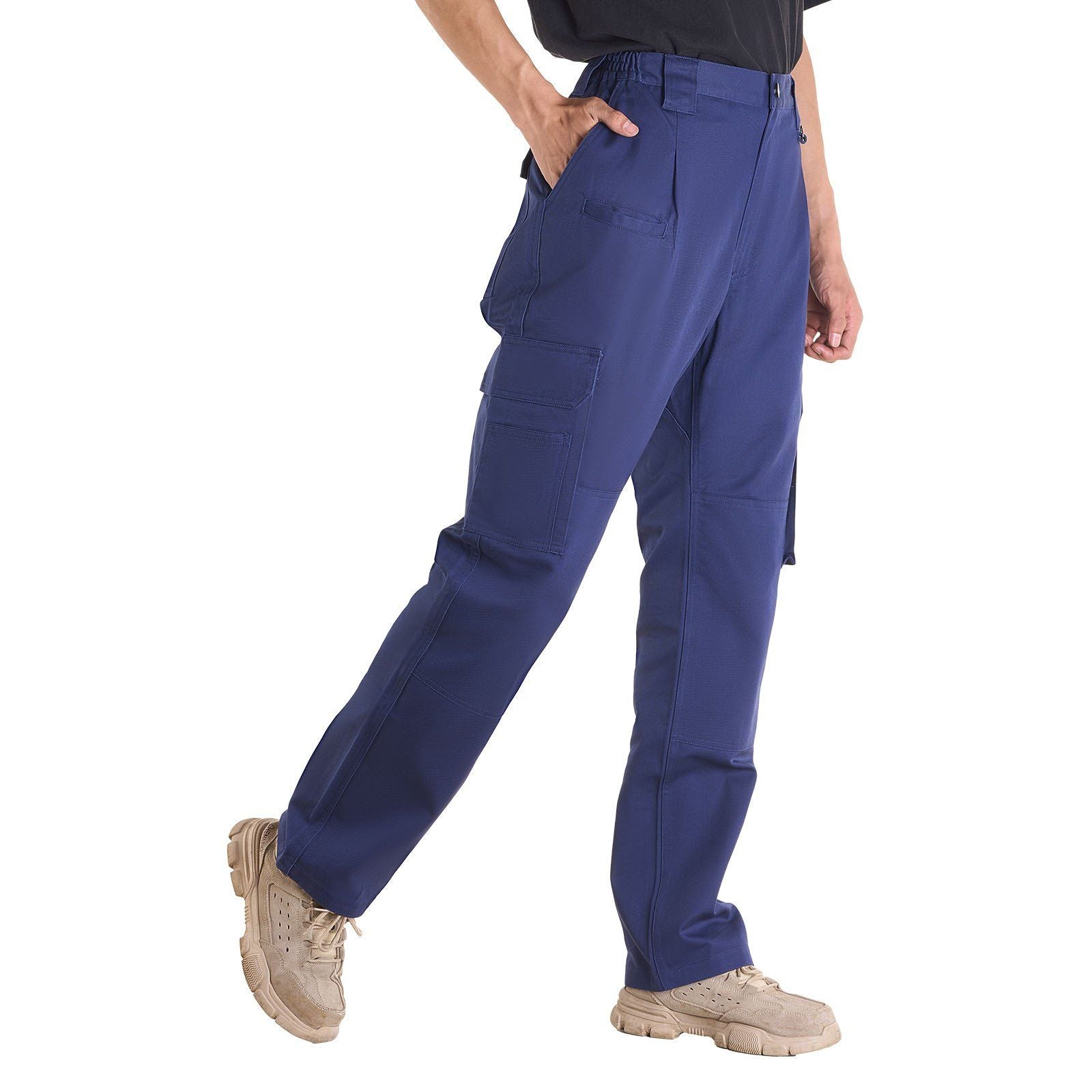 FR Pants for Men, 100% Cotton, Flame-Resistant Cargo Pants with Multi-Pockets and Elastic Waist, Reinforced Tear-proof Stitching, Ideal for Welding Work and Casual Wear, XXL Size, Dark Blue