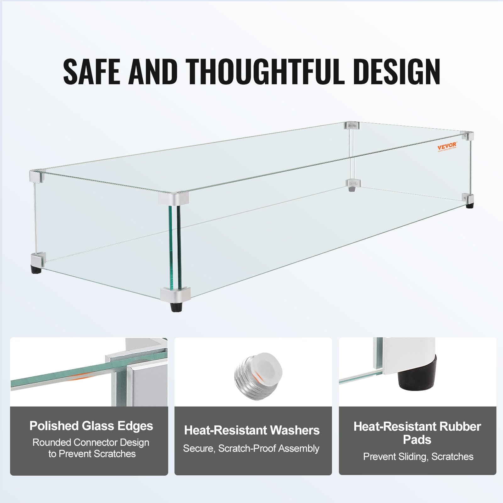 VEVOR Glass Wind Guard for Rectangular Fire Pit Table 773 x 367 x 191 mm, 8mm Thick and Sturdy Tempered Glass Panel with Hard Aluminum Corner Bracket & Rubber Feet, Easy to Assemble