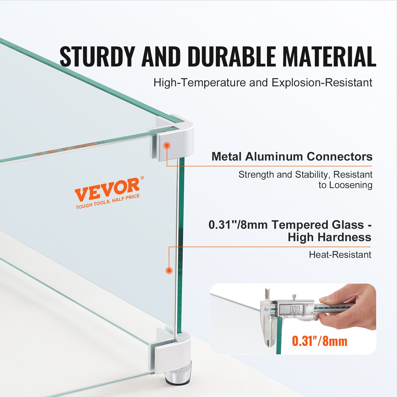 VEVOR Gas Fire Pit Wind Guard for Square Fire Table, 380 x 380 x 180 mm Clear Tempered Wind Guard for Firepits, 8mm Thick Square Glass Shield, Glass Panel with Hard Corner Bracket & Feet