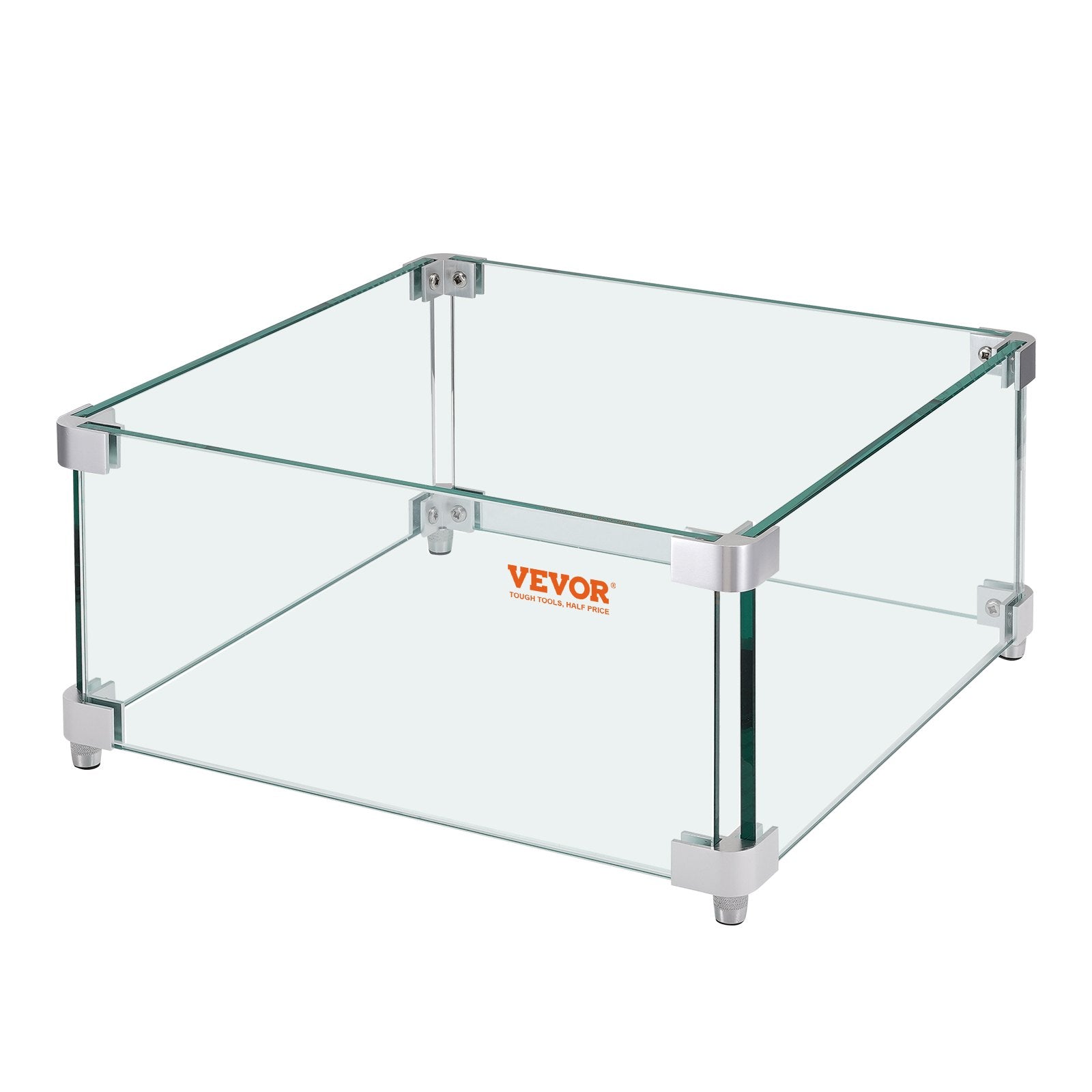 VEVOR Gas Fire Pit Wind Guard for Square Fire Table, 380 x 380 x 180 mm Clear Tempered Wind Guard for Firepits, 8mm Thick Square Glass Shield, Glass Panel with Hard Corner Bracket & Feet