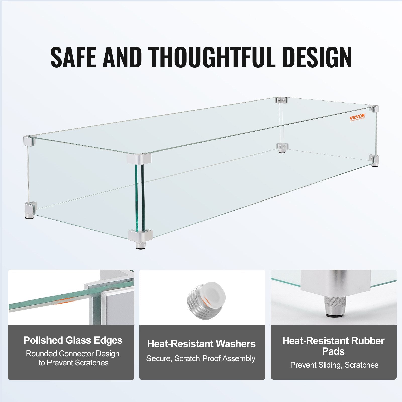 VEVOR Gas Fire Pit Wind Guard for Square Fire Table, 595 x 190 x 165 mm Clear Tempered Wind Guard for Firepits, 8mm Thick Square Glass Shield, Glass Panel with Hard Corner Bracket & Feet