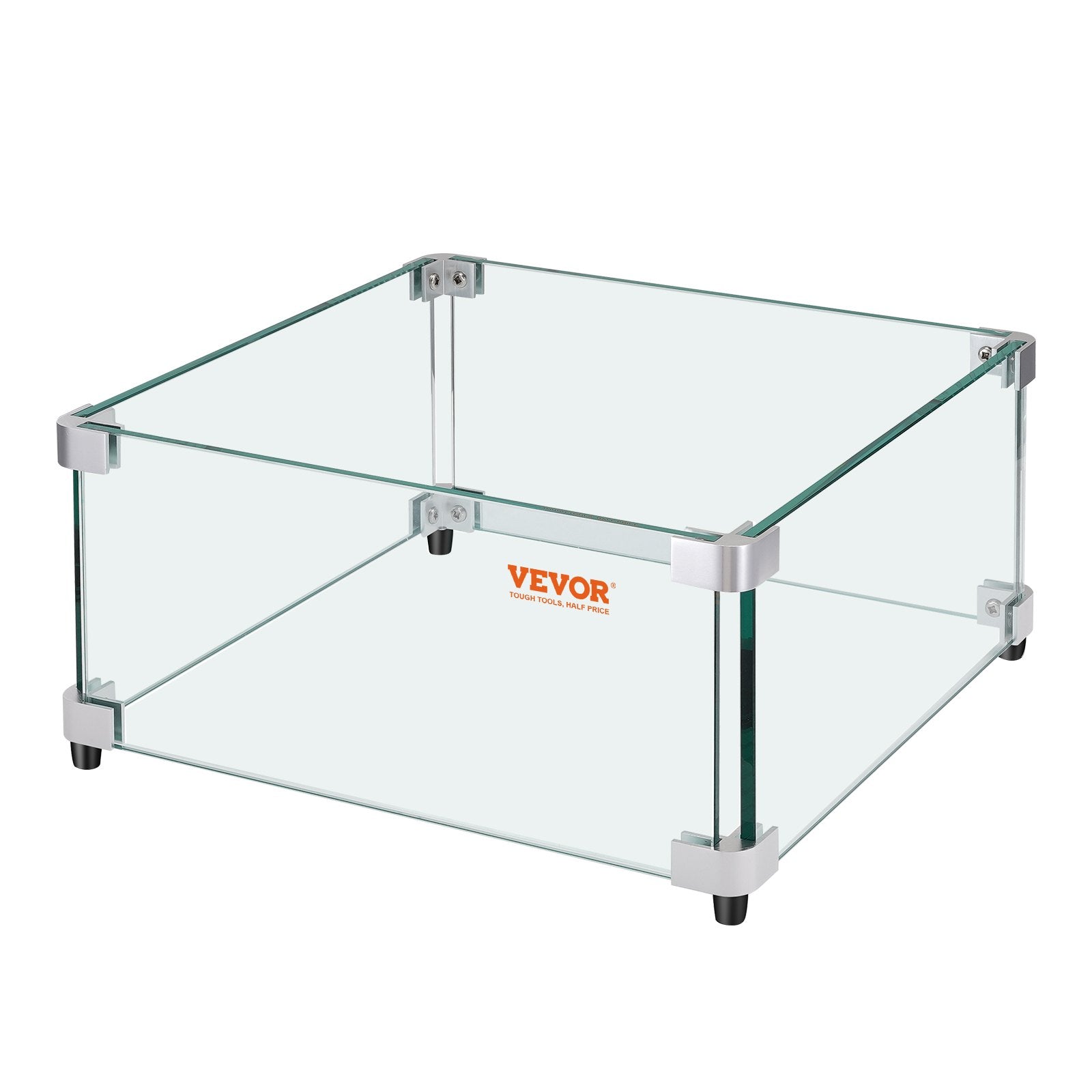 VEVOR Gas Fire Pit Wind Guard for Square Fire Table, 493 x 493 x 191 mm Clear Tempered Wind Guard for Firepits, 8mm Thick Square Glass Shield, Glass Panel with Hard Corner Bracket & Feet