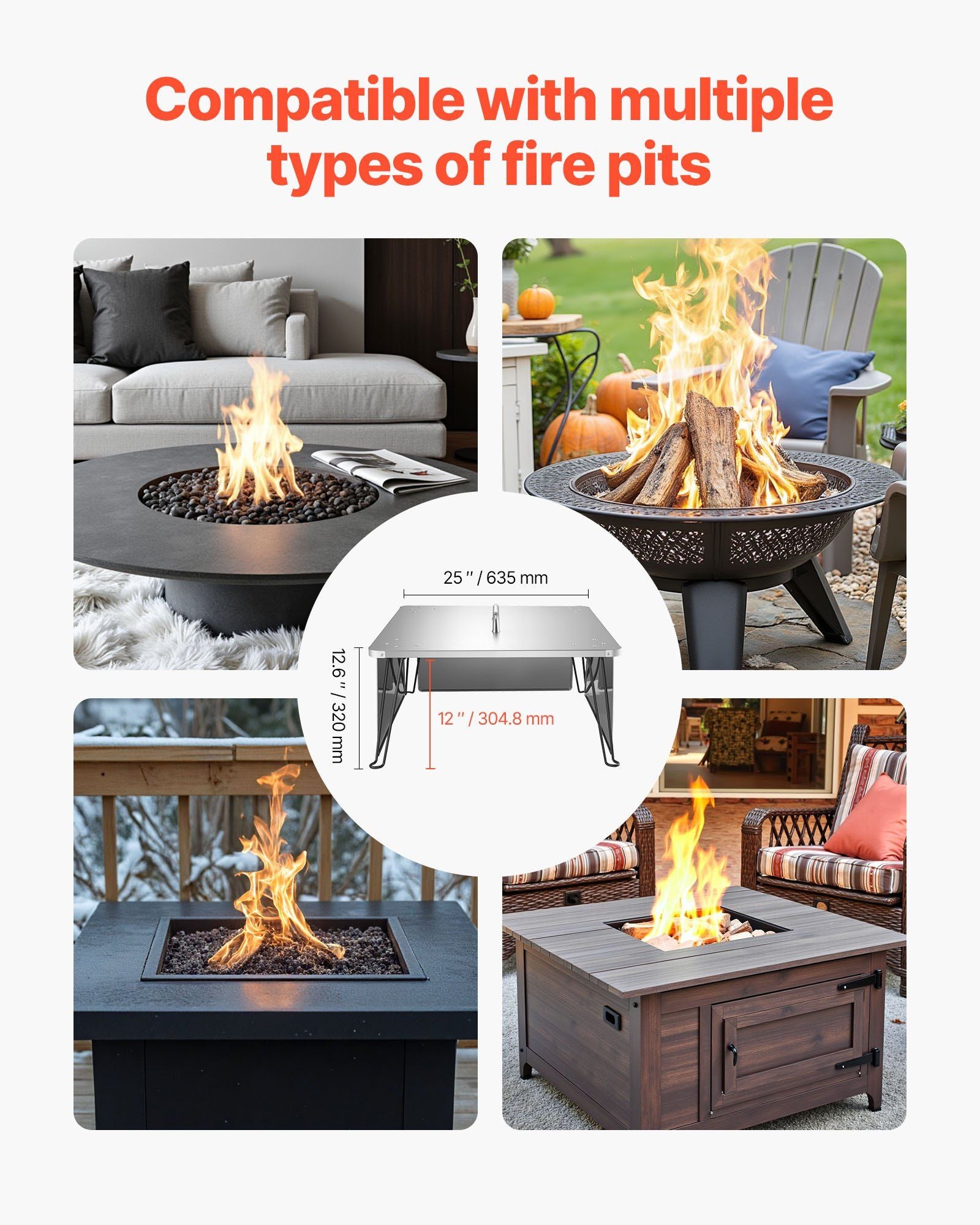 Fire Pit Heat Deflector, 645x645x370 mm Square Outdoor Burner Cover, Stainless Steel Bonfire Camping Wood Burning, Push Heat Down and Out with 4 Foldable Legs & Carrying Handle