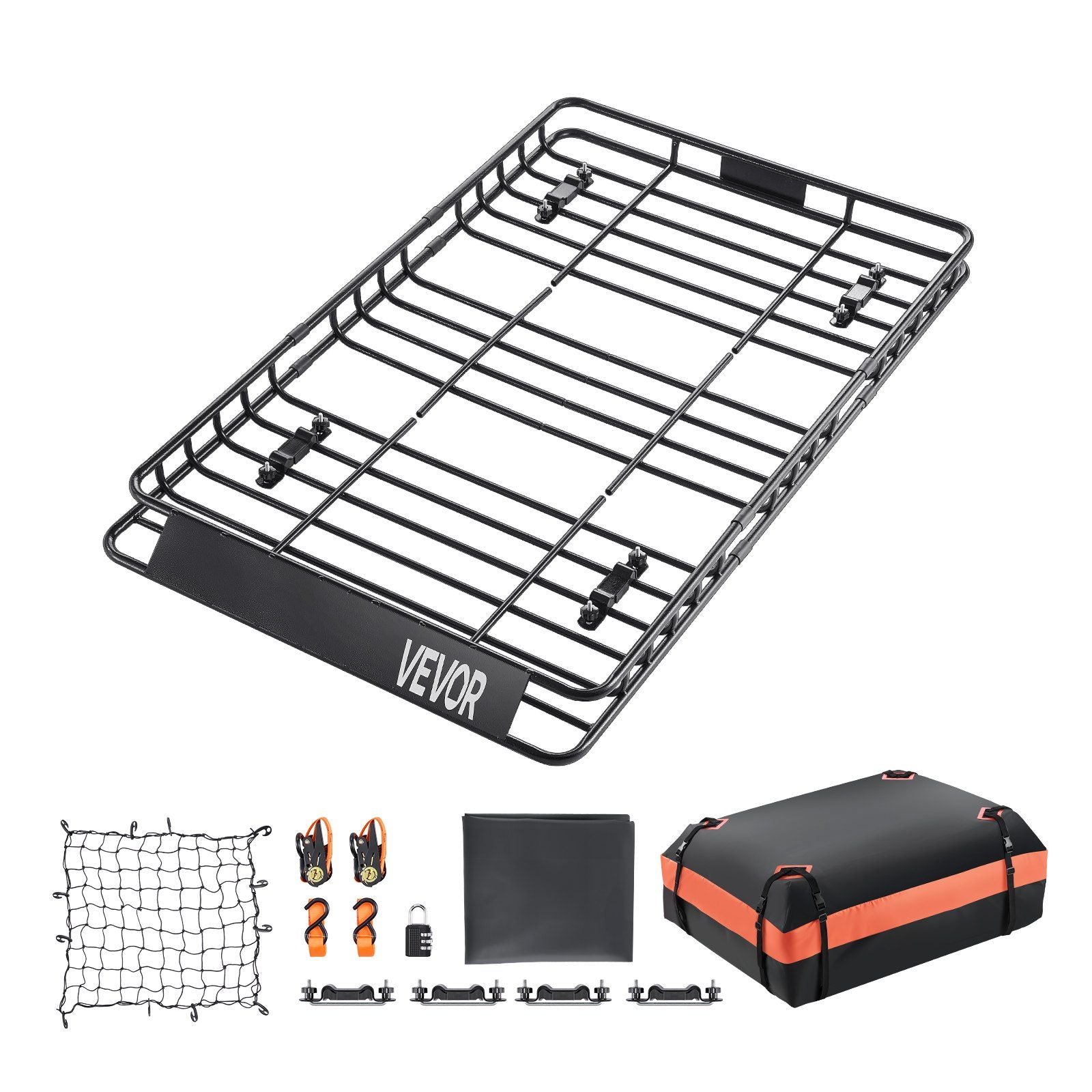 Roof Rack Basket, 1625 x 990 x 105 mm, Universal Rooftop Cargo Carrier with 1120 x 870 x 260 mm Cargo Bag, Net, Ratchet Straps, 113.4 kg Max Load Capacity Car Top Luggage Holder, for SUV Car