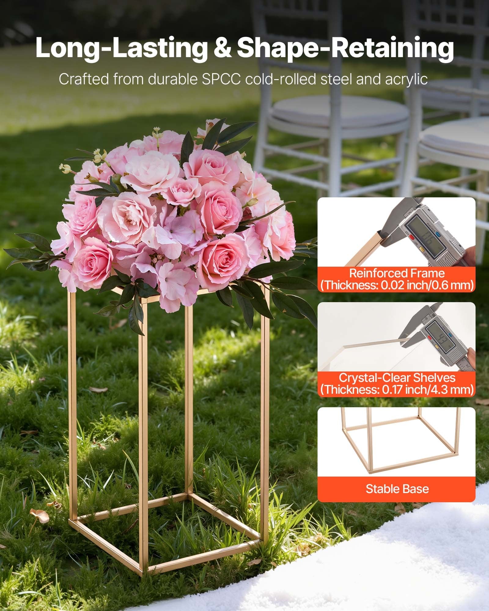 VEVOR Wedding Flower Stand, 10PCS 40cm Column Flower Stand, Floral Stands with Acrylic Laminate, Gold Rectangular Floral Display Rack for Wedding, Party, Birthday, Home, Gold Centerpiece Stands