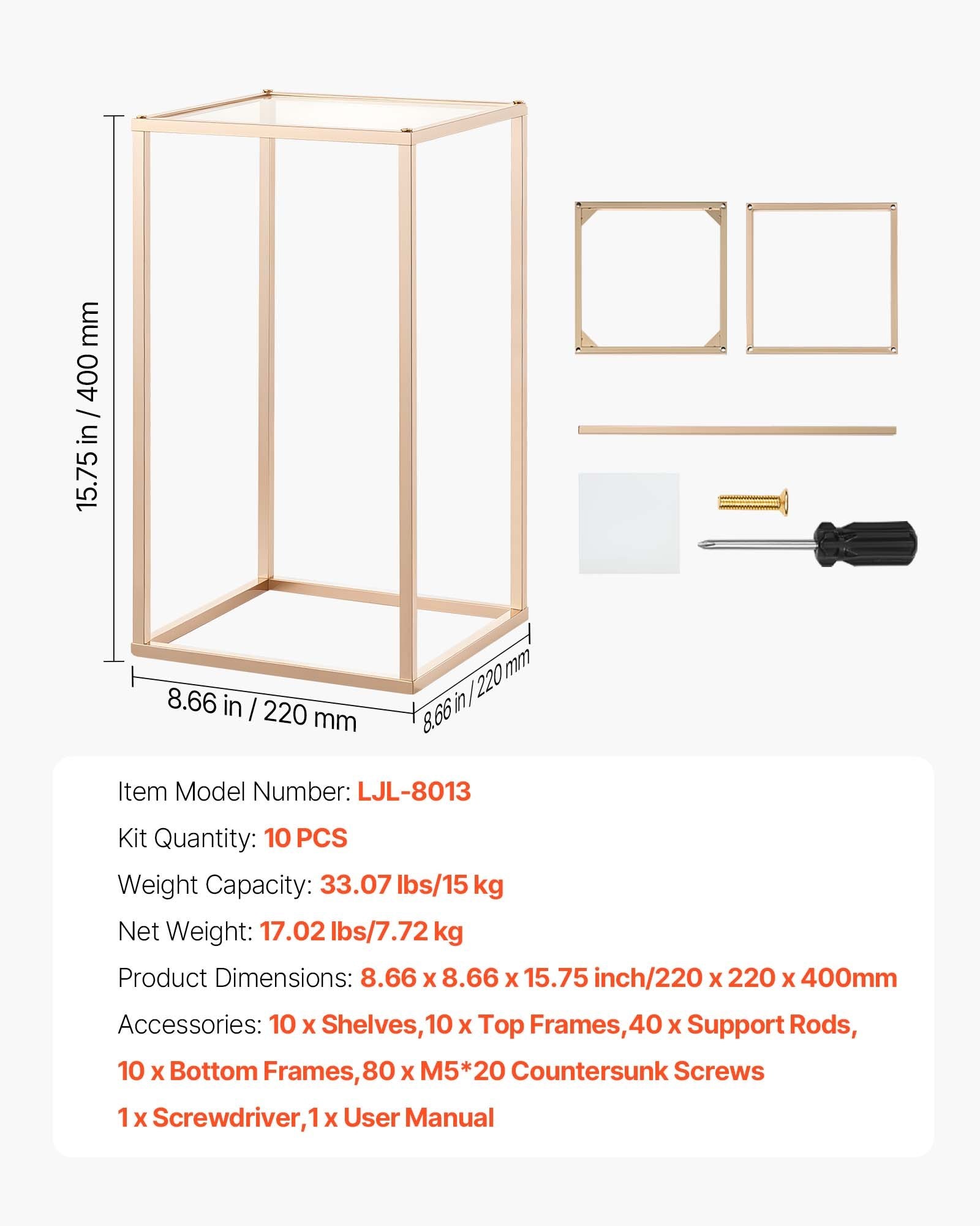 VEVOR Wedding Flower Stand, 10PCS 40cm Column Flower Stand, Floral Stands with Acrylic Laminate, Gold Rectangular Floral Display Rack for Wedding, Party, Birthday, Home, Gold Centerpiece Stands