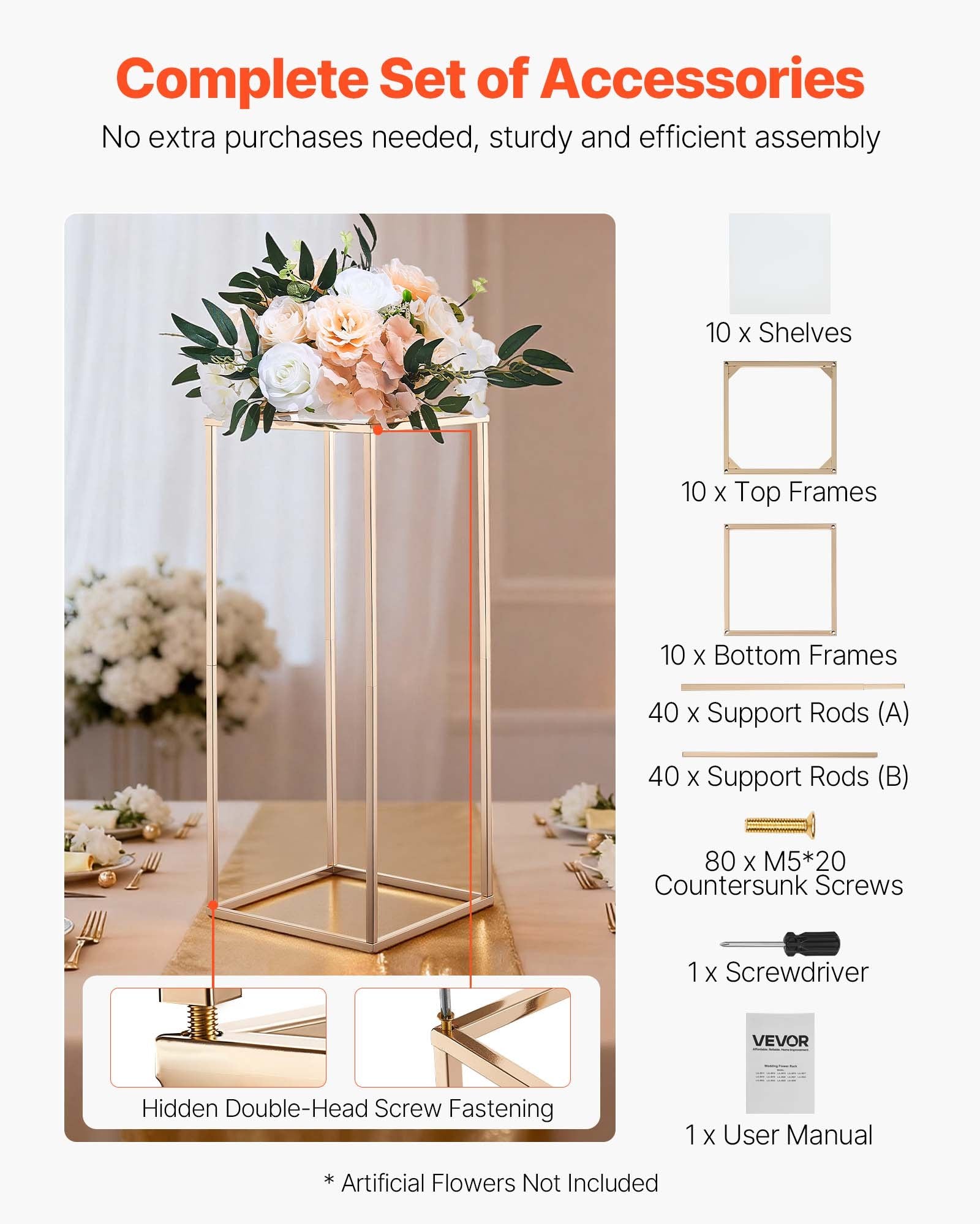 VEVOR Wedding Flower Stand, 10PCS 60cm Column Flower Stand, Floral Stands with Acrylic Laminate, Gold Rectangular Floral Display Rack for Wedding, Party, Birthday, Home, Gold Centerpiece Stands