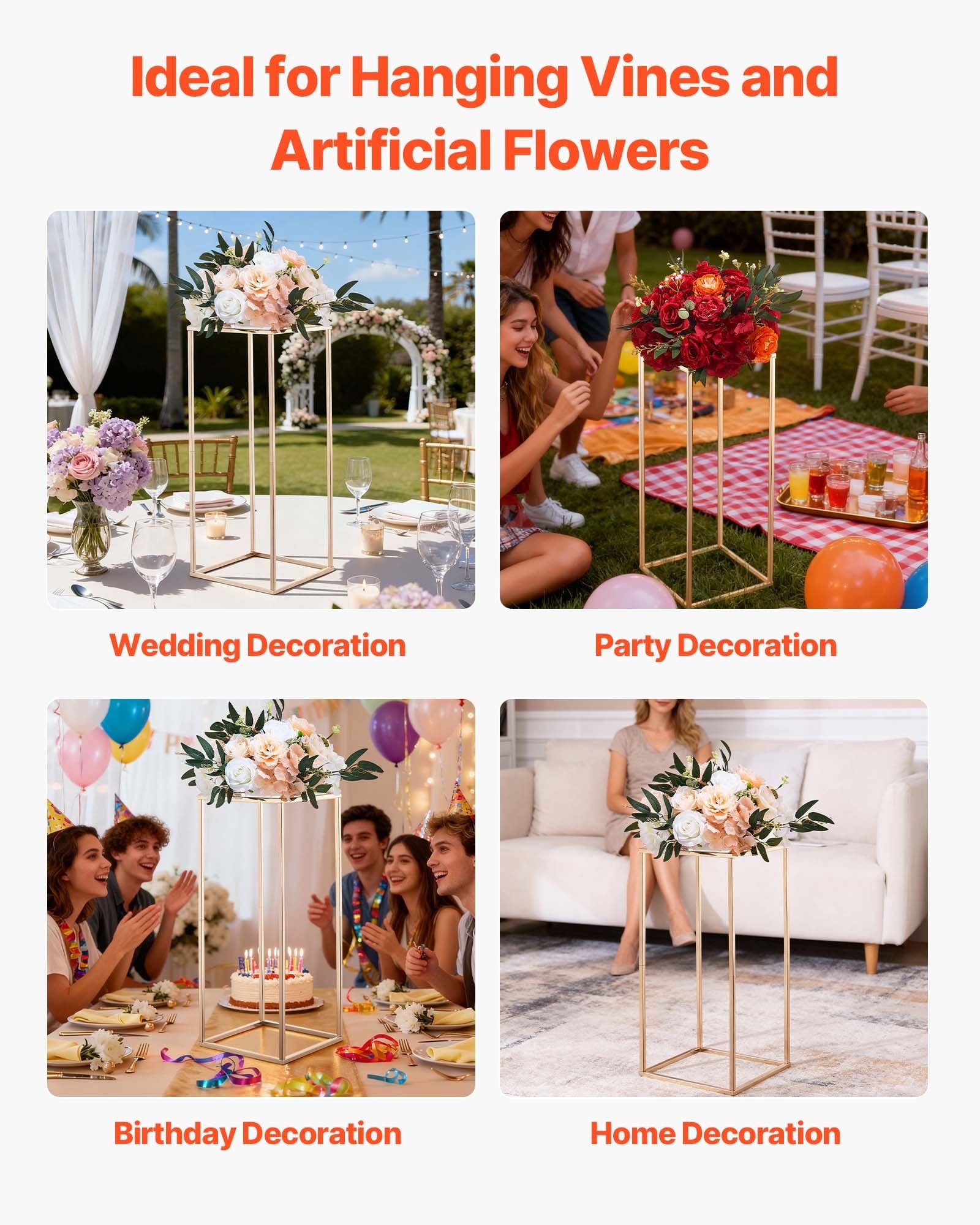 VEVOR Wedding Flower Stand, 10PCS 60cm Column Flower Stand, Floral Stands with Acrylic Laminate, Gold Rectangular Floral Display Rack for Wedding, Party, Birthday, Home, Gold Centerpiece Stands