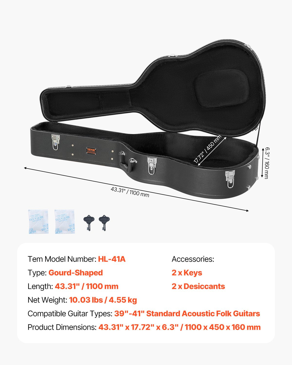 VEVOR Acoustic Guitar Hard Case 1100 mm With Lock Key And for Acoustic Guitar