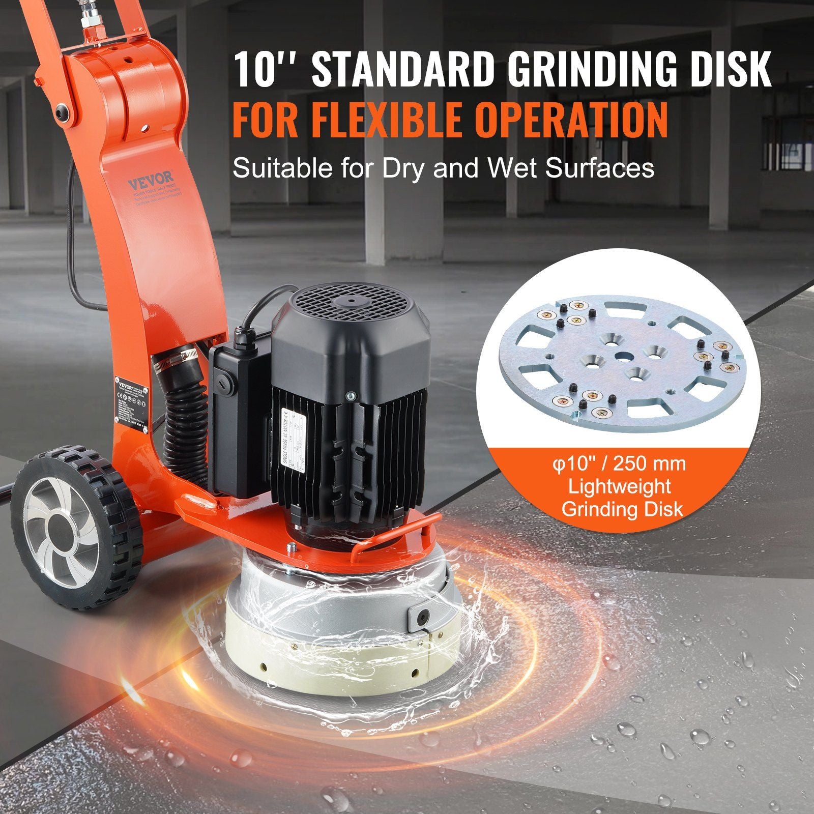 Electric Concrete Floor Grinder 10" Walk-Behind Grinder 3.0HP Concrete Floor Polisher, 2200W Grinding Machine, 1430RPM Upgrade Brushless Motor Surfacing Grinder for Granite/Marble/Stones