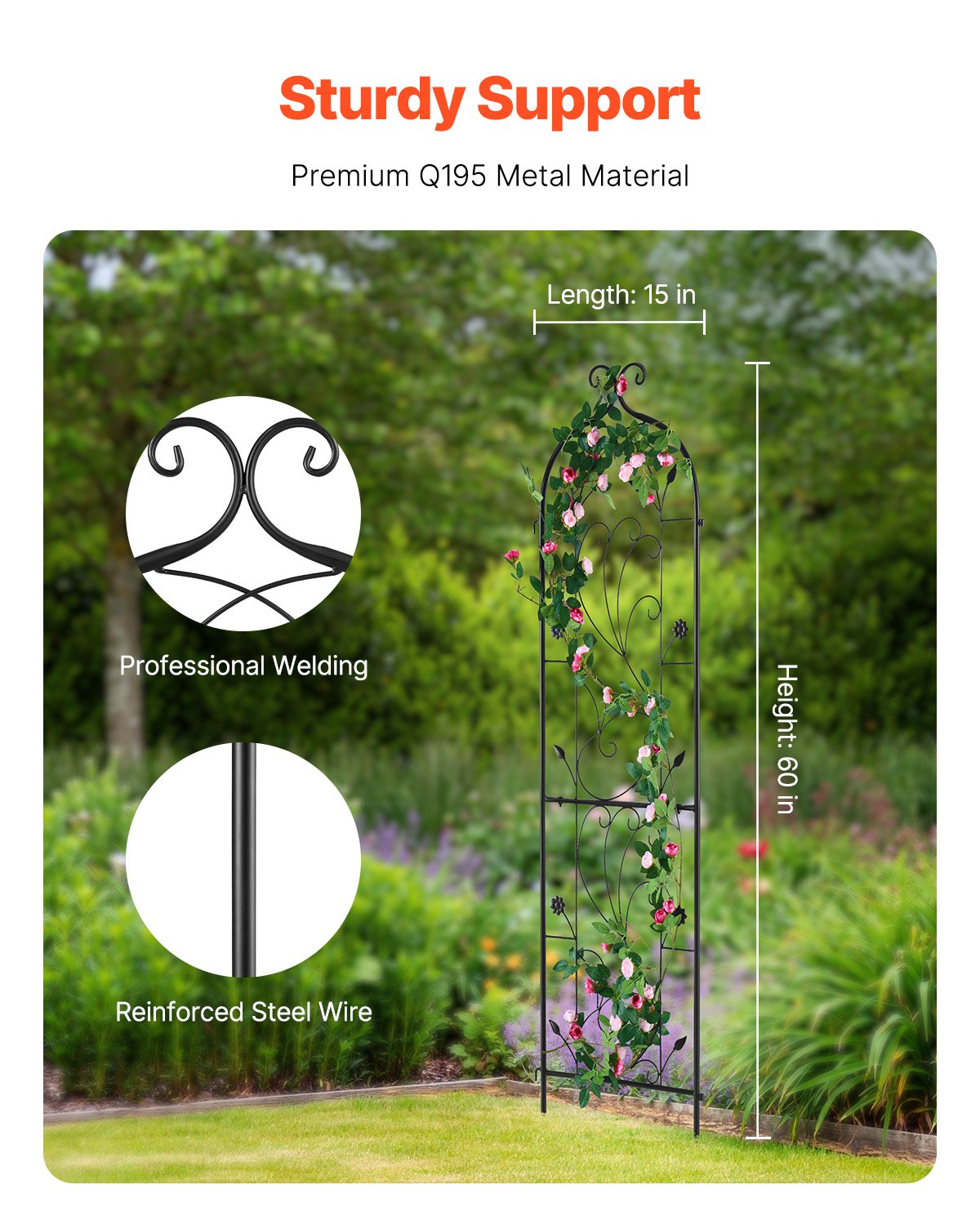 VEVOR Metal Garden Trellis for Climbing Plant Support 60 x 15 in Rustproof