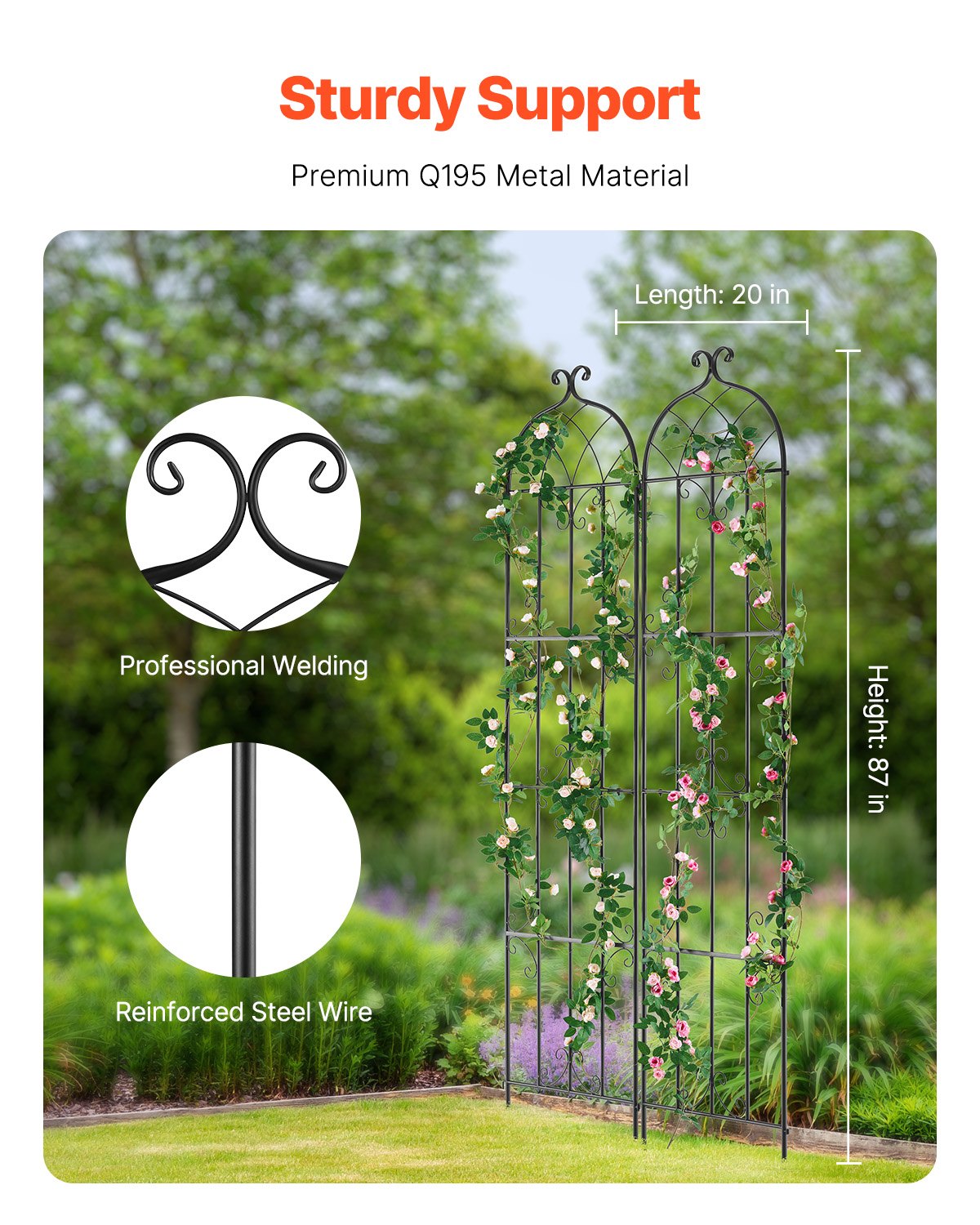 VEVOR 2 Packs Metal Garden Trellis for Climbing Plant Support 87x20 in Rustproof