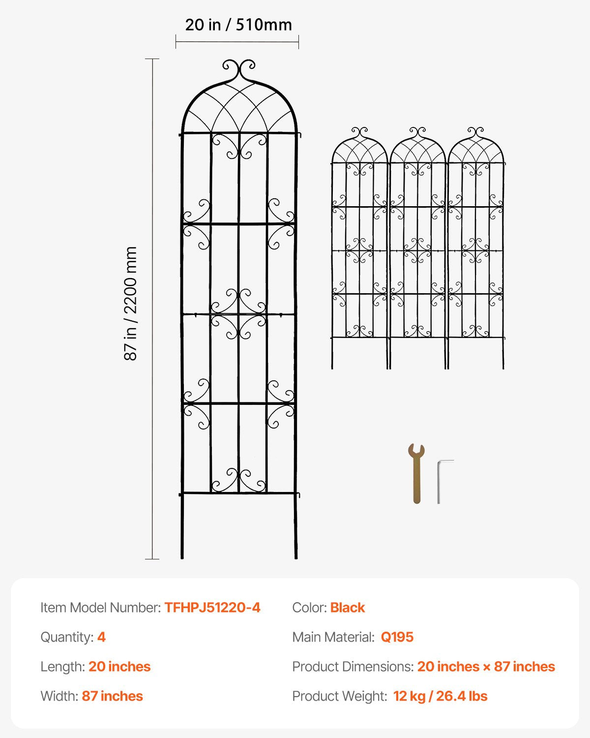VEVOR Garden Trellis for Climbing Plants, 87 x 20 in, 4 Packs Rustproof Metal Garden Flower Trellis, Outdoor Climbing Rose Trellis Cucumbers Support, Decorative Clematis Trellis for Courtyards Lawns