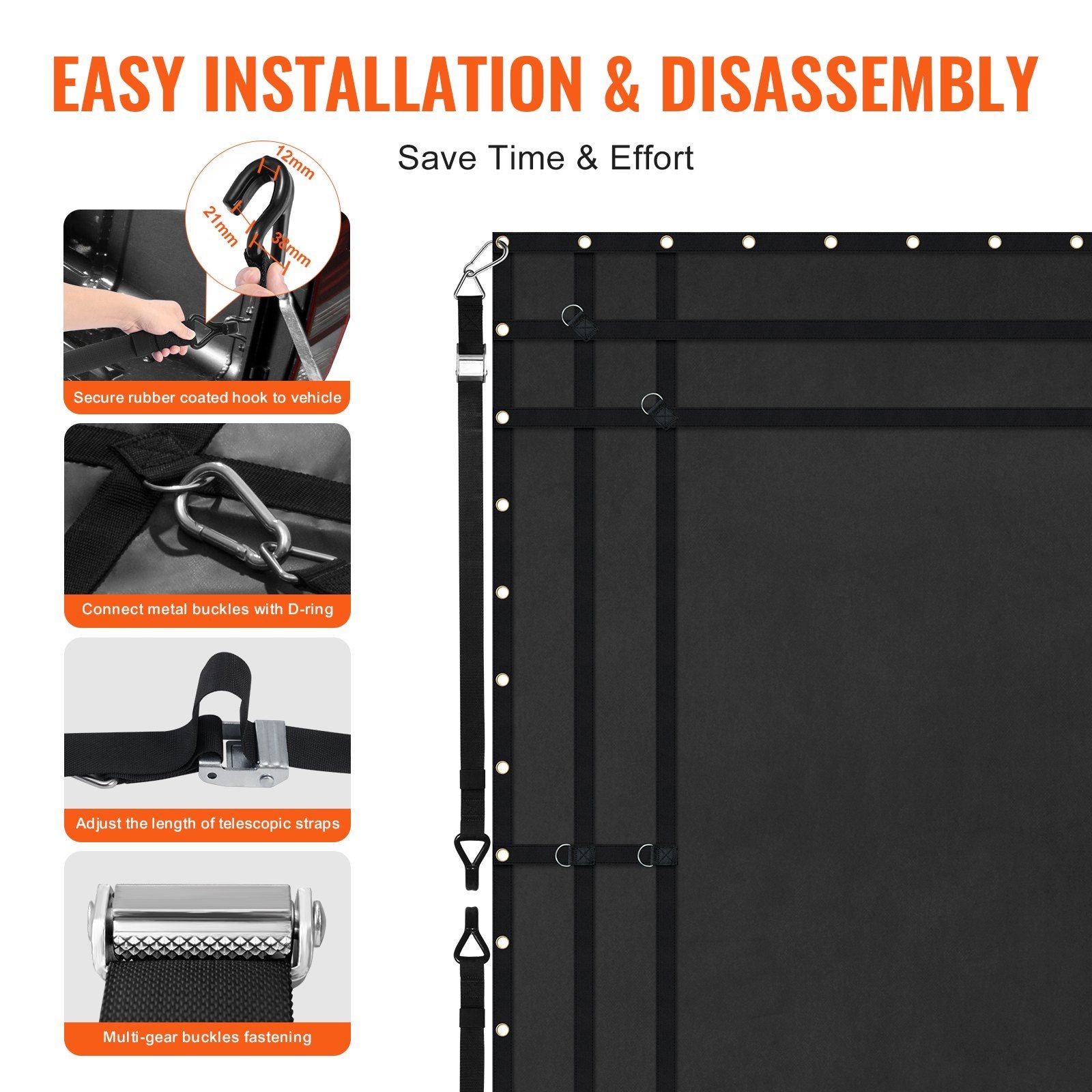 Cargo Net, 3050 x 2670 mm, Heavy Duty Truck Cargo Net for Truck Bed, 4 Adjustable Straps with Carabiners and Rubber Coated Hooks, Durable, Suitable for Pickup, Jeep, Truck, SUV, Boat (Black)