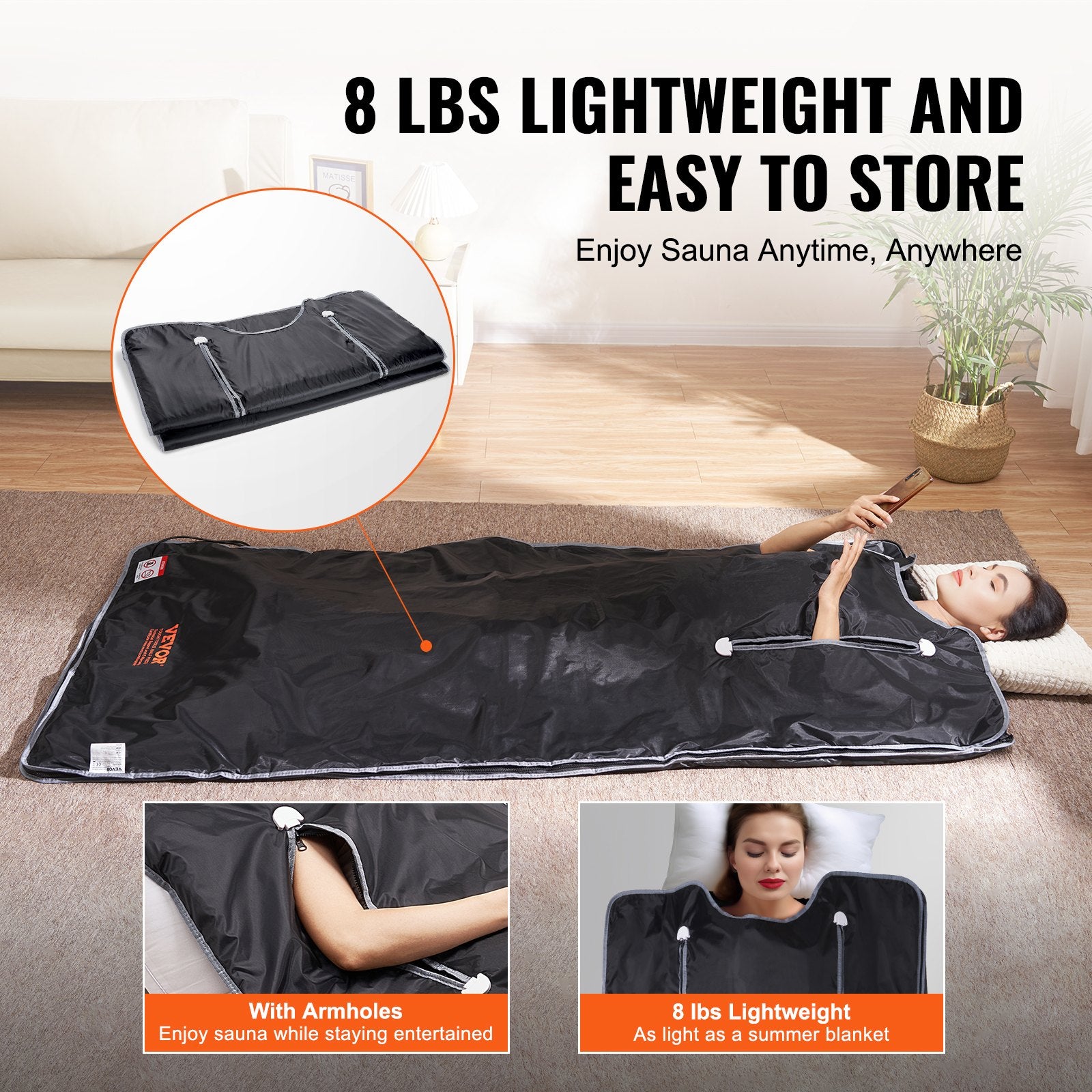 VEVOR Sauna Blanket for Detoxification, Portable Far Infrared Sauna for Home, Oxford Sauna Bag w/ Arm Holes & Carbon Fiber Heating, 1-6 Level Adjustable Temp35-80°C, 5-60 Minutes Timer, 1900x900mm
