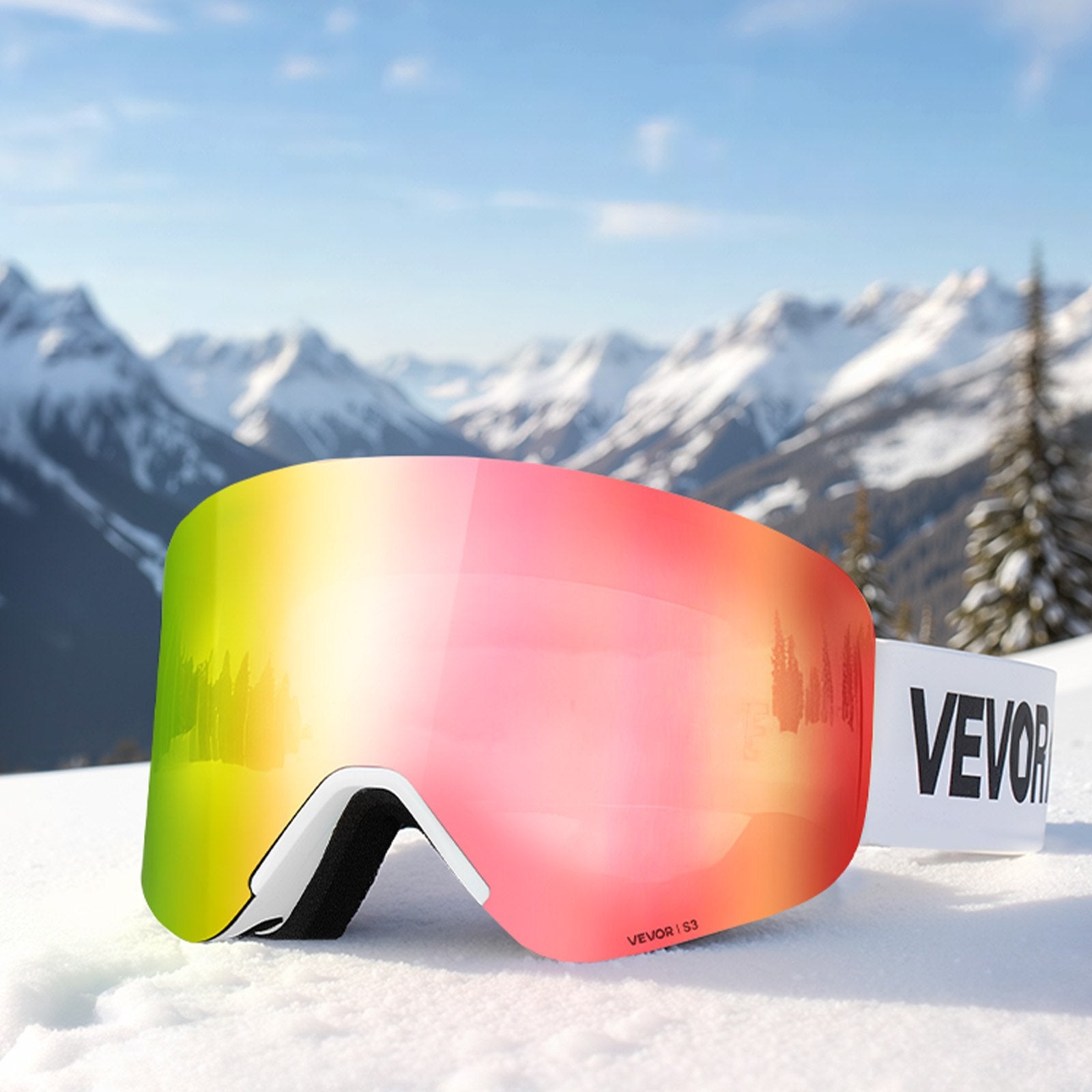 VEVOR Frameless Ski Goggles, Magnet Cylindrical Lens with Pink Revo Coating, OTG Anti fog Snow Goggles for Men Women Youth, TPU Frame & Ventilation Structure, Fit for Skiing, Skating, Snowboarding
