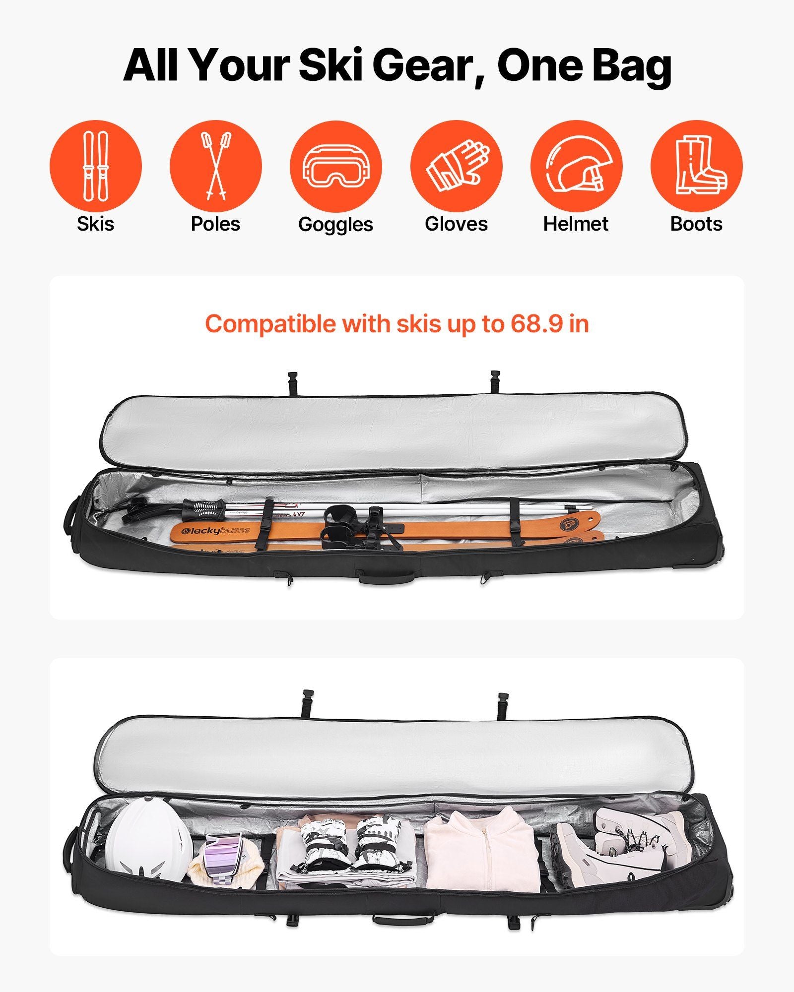 Ski Roller Bag, Up to 74.8 in/190 cm, Padded Snowboard Bag with Wheels for Air Travel, 600D Waterproof Oxford Fabric, with Adjustable Straps, for Skis Poles Goggles Gloves Helmet Boots (Black)