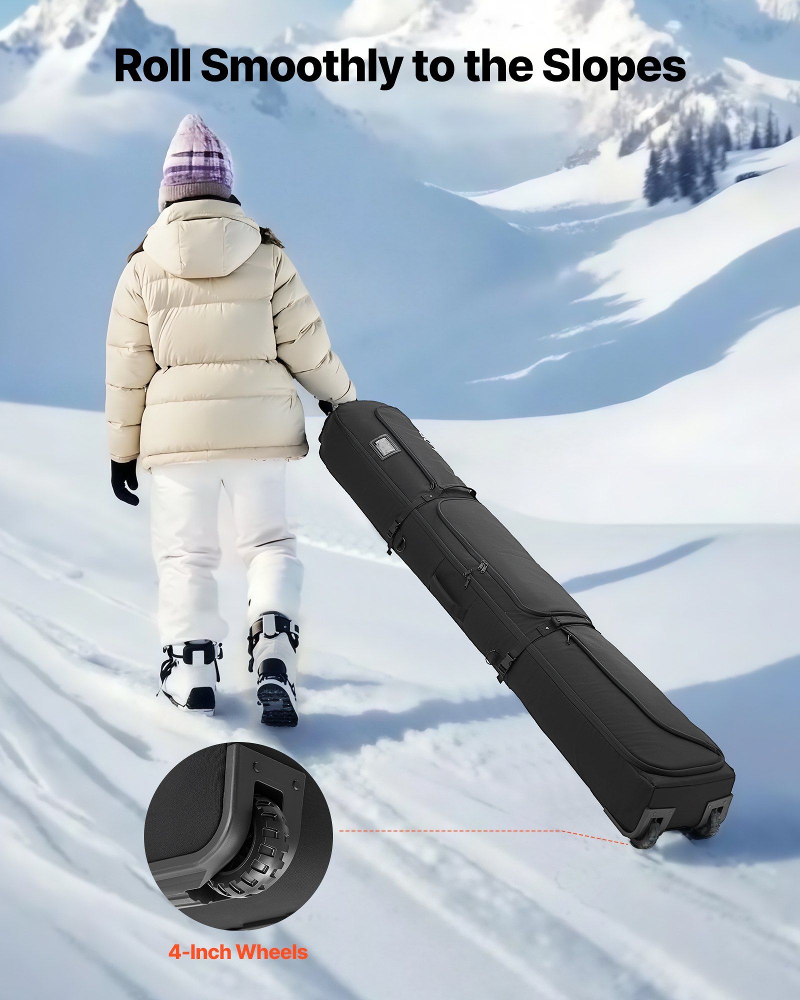 Ski Roller Bag, Up to 74.8 in/190 cm, Padded Snowboard Bag with Wheels for Air Travel, 600D Waterproof Oxford Fabric, with Adjustable Straps, for Skis Poles Goggles Gloves Helmet Boots (Black)