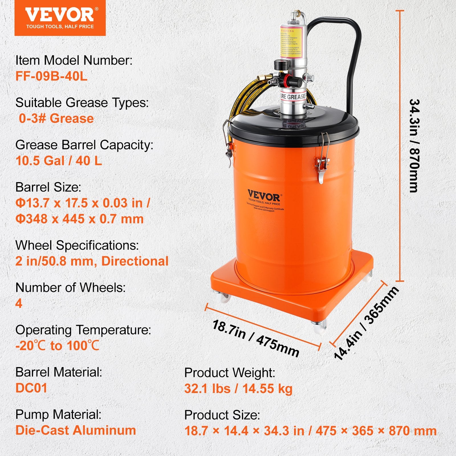 VEVOR Grease Pump, 40L Capacity, Air Operated Grease Pump with 3.88 m High Pressure Hose and Grease Gun, Pneumatic Grease Bucket Pump with Wheels, Portable Lubrication Grease Pump 50:1 Pressure Ratio