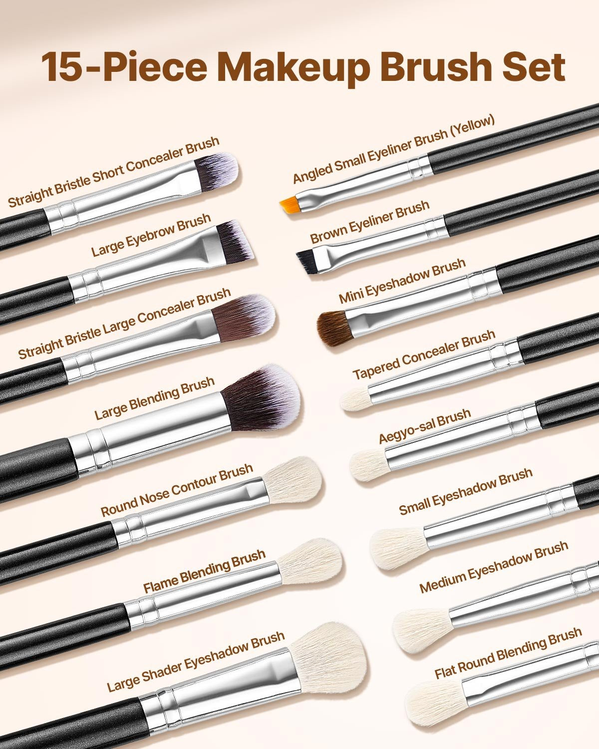VEVOR 15-Piece Makeup Brush Set for Foundation Blending Eyeshadow, Professional Vegan Brushes with Soft Synthetic Bristles, Ergonomic Wood Handle & Aluminum Ferrule, Portable and Travel-Friendly
