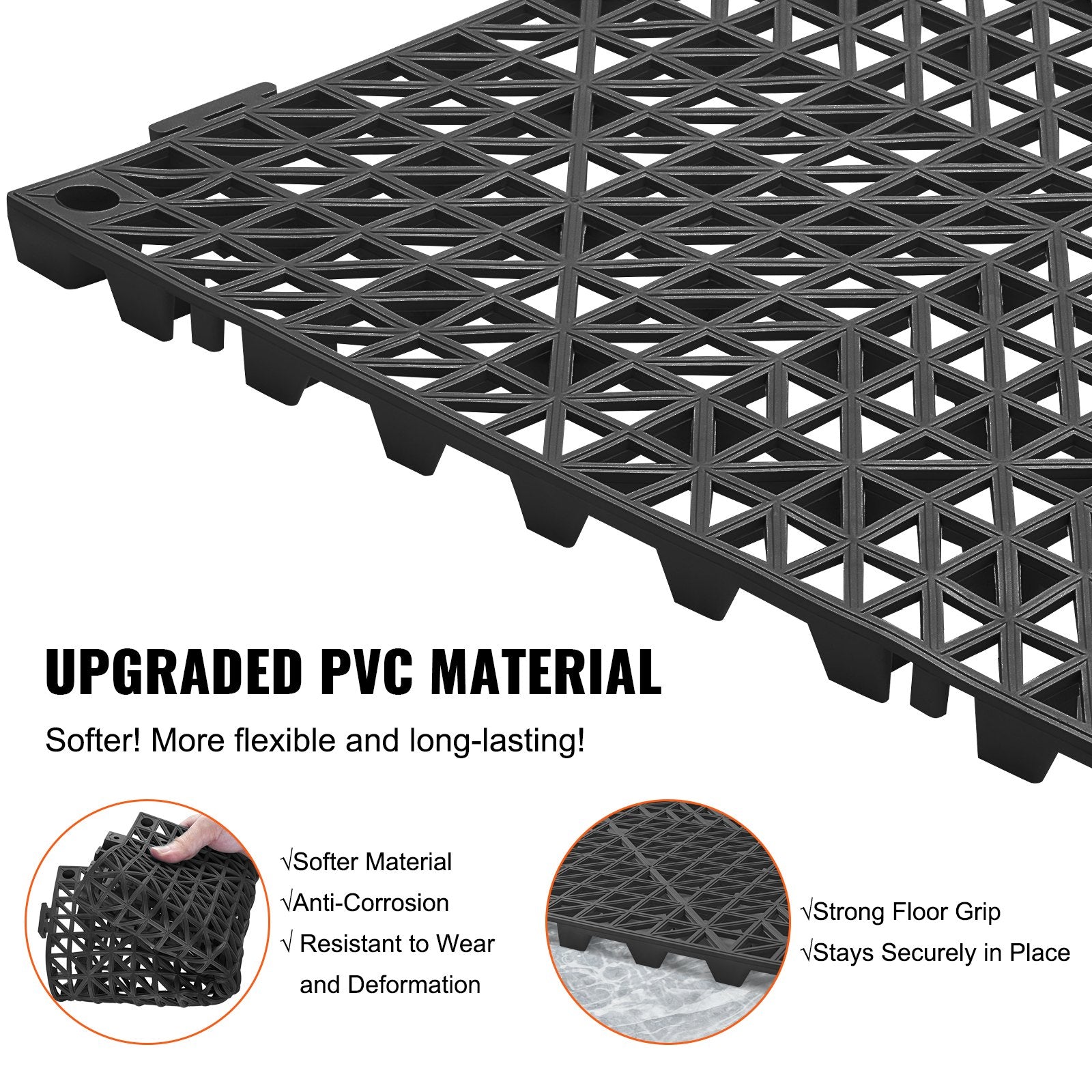 VEVOR Modular Interlocking Cushion, 12 Pack 30 x 30 cm Splicing Drainage Mats, PVC Interlocking Drainage Floor Tiles, Non-Slip Drainage Holes for Restroom, Bathroom, Kitchen, Pool, Wet Area, Black