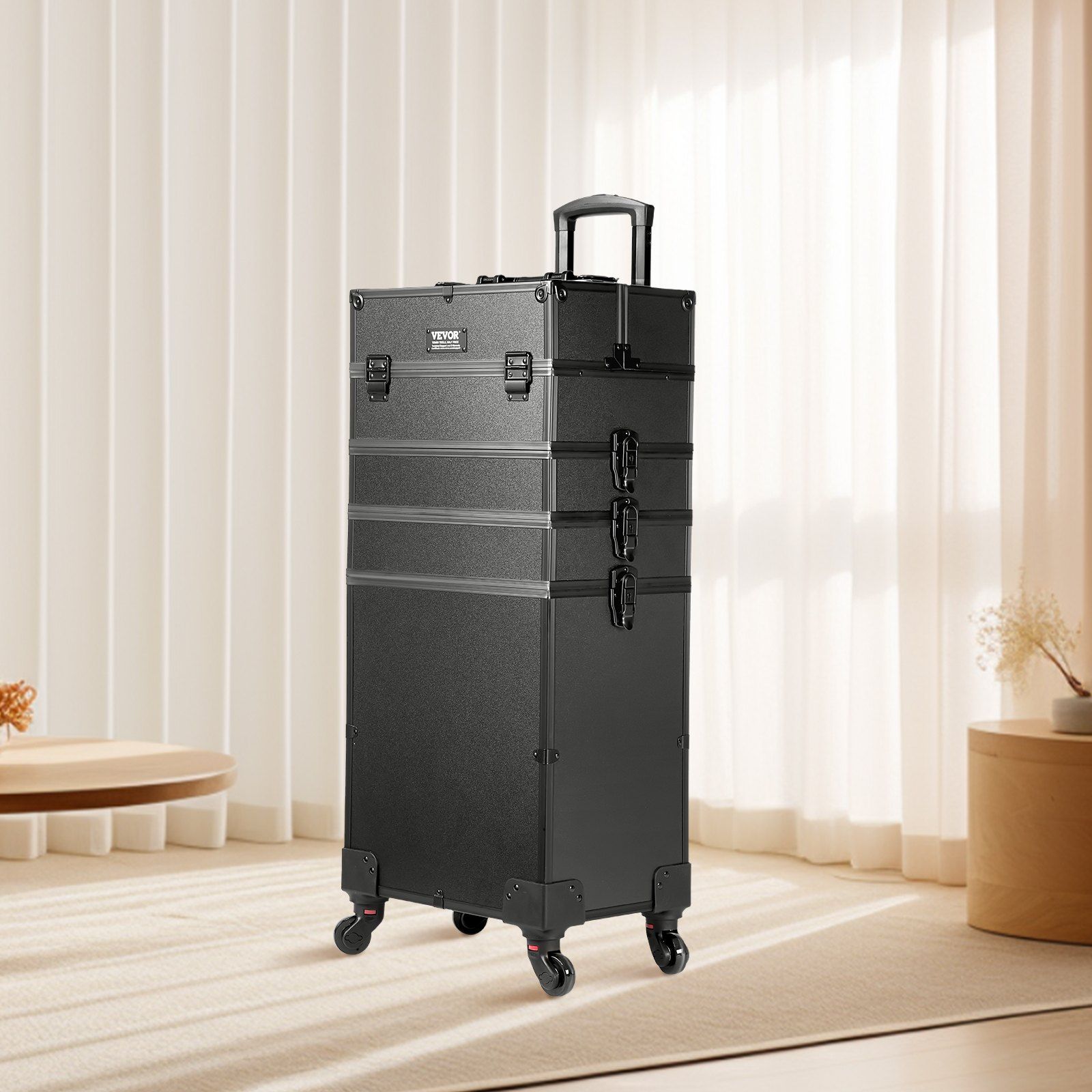 5 in 1 Professional Makeup Train Case Aluminum Cosmetic Case, Rolling Makeup Case Extra Large Trolley Makeup Travel Organizer, with 360° Swivel Wheels & Adjustable Pull Rod, Black