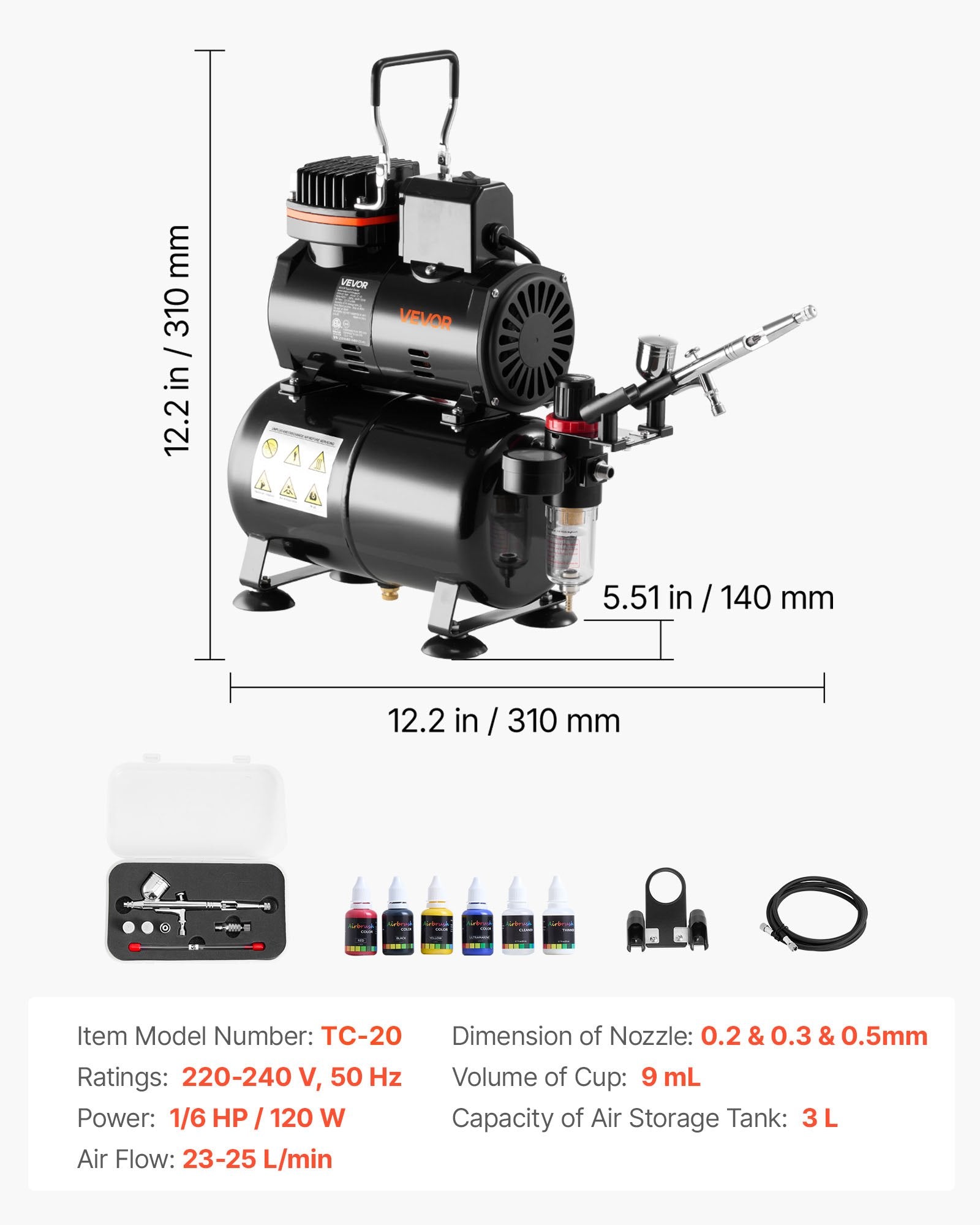 VEVOR Airbrush Kit Air Brush Kit 1/6 HP Air Compressor Tank 1 Airbrush 3 Tips