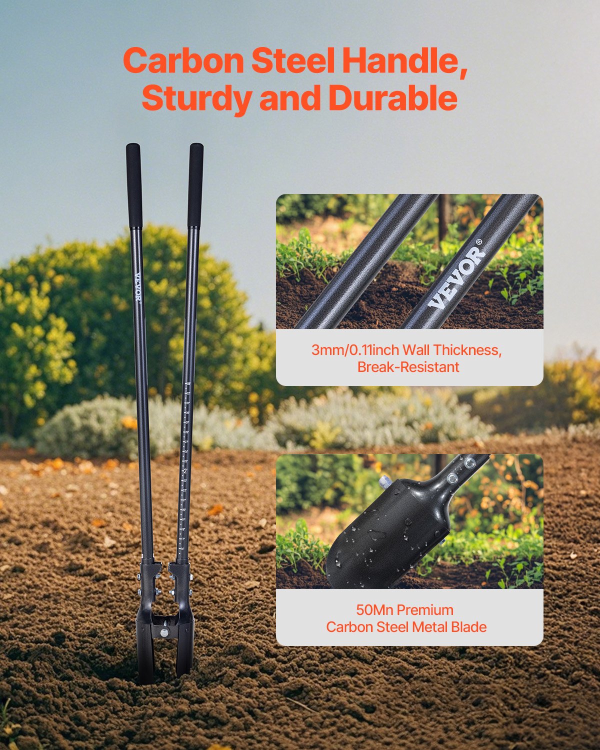 VEVOR Post Hole Digger, Heavy Duty Post Hole Digger with Carbon Steel Handle, Manual Hole Digger with Scale Markings and Metal Blade, Post Hole Digger Tool for Digging Gardening Outdoors, 1460 mm