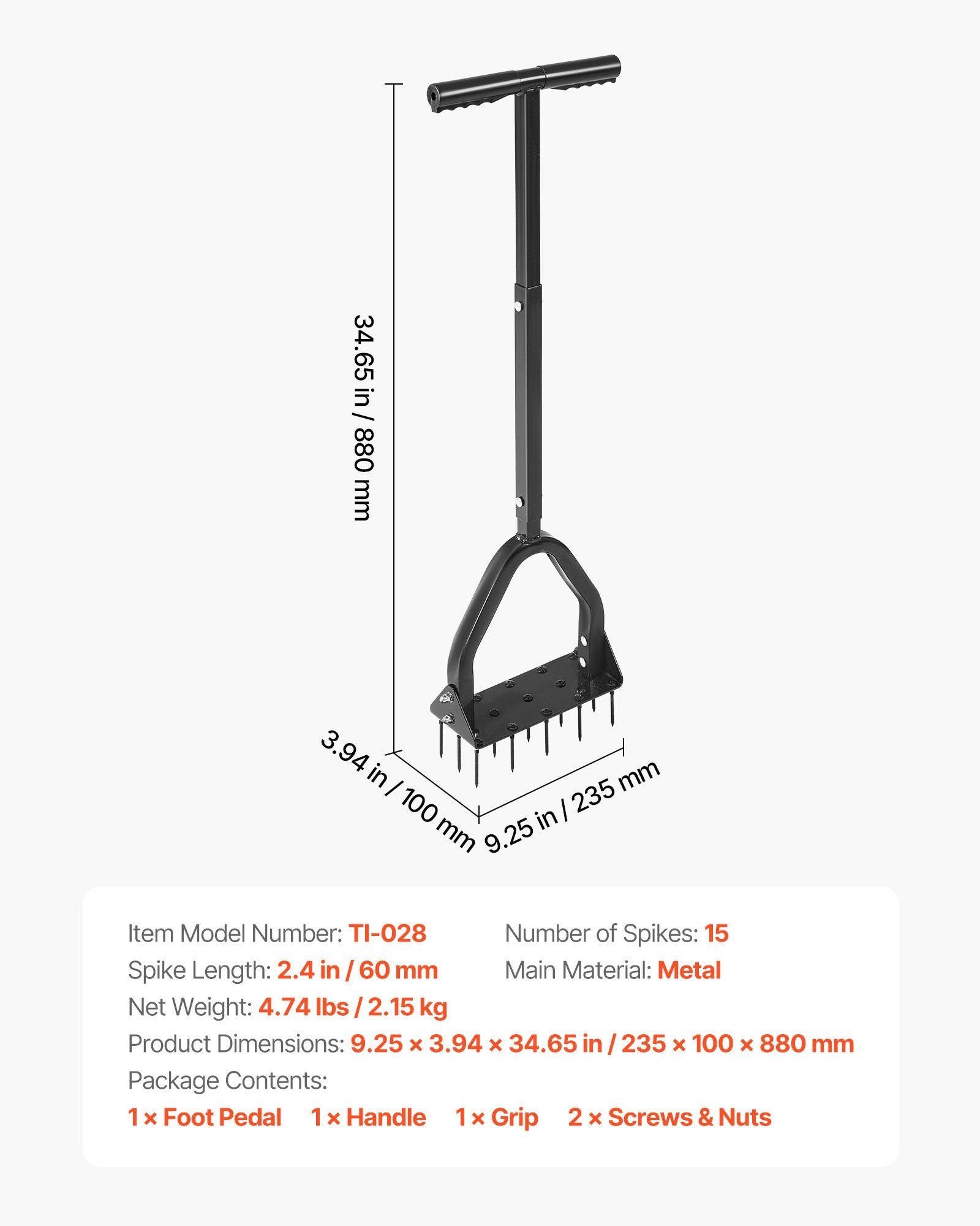 Lawn Aerator, 9.2 in Manual Core Aerator Tool with 15 Iron Spikes, Long Handle & Wide Plate, Heavy Duty Grass Aeration Tool, Yard Aerators for Compacted Hardened Soil Lawn Aeration