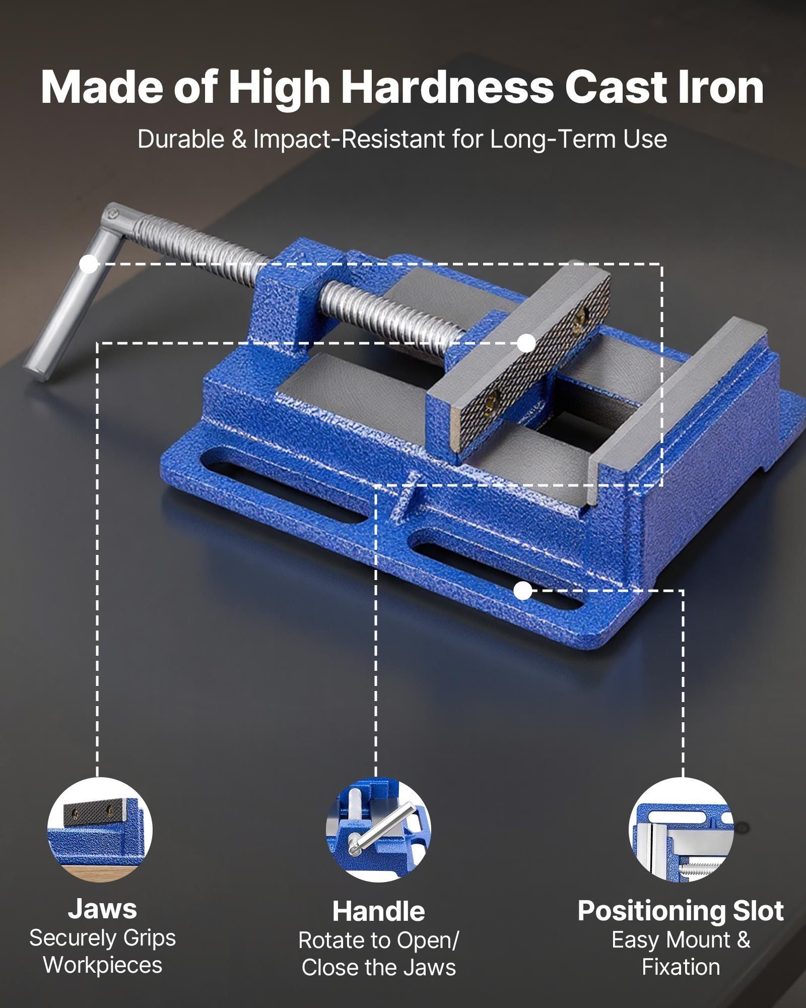 Drill Press Vise, 4 Inch Jaw Width, Portable Bench Vise, Slotted Base for Easy Installation, Durable Cast Iron Construction, Workbench Vice, for Woodworking, Metalworking, Drilling, and Cutting