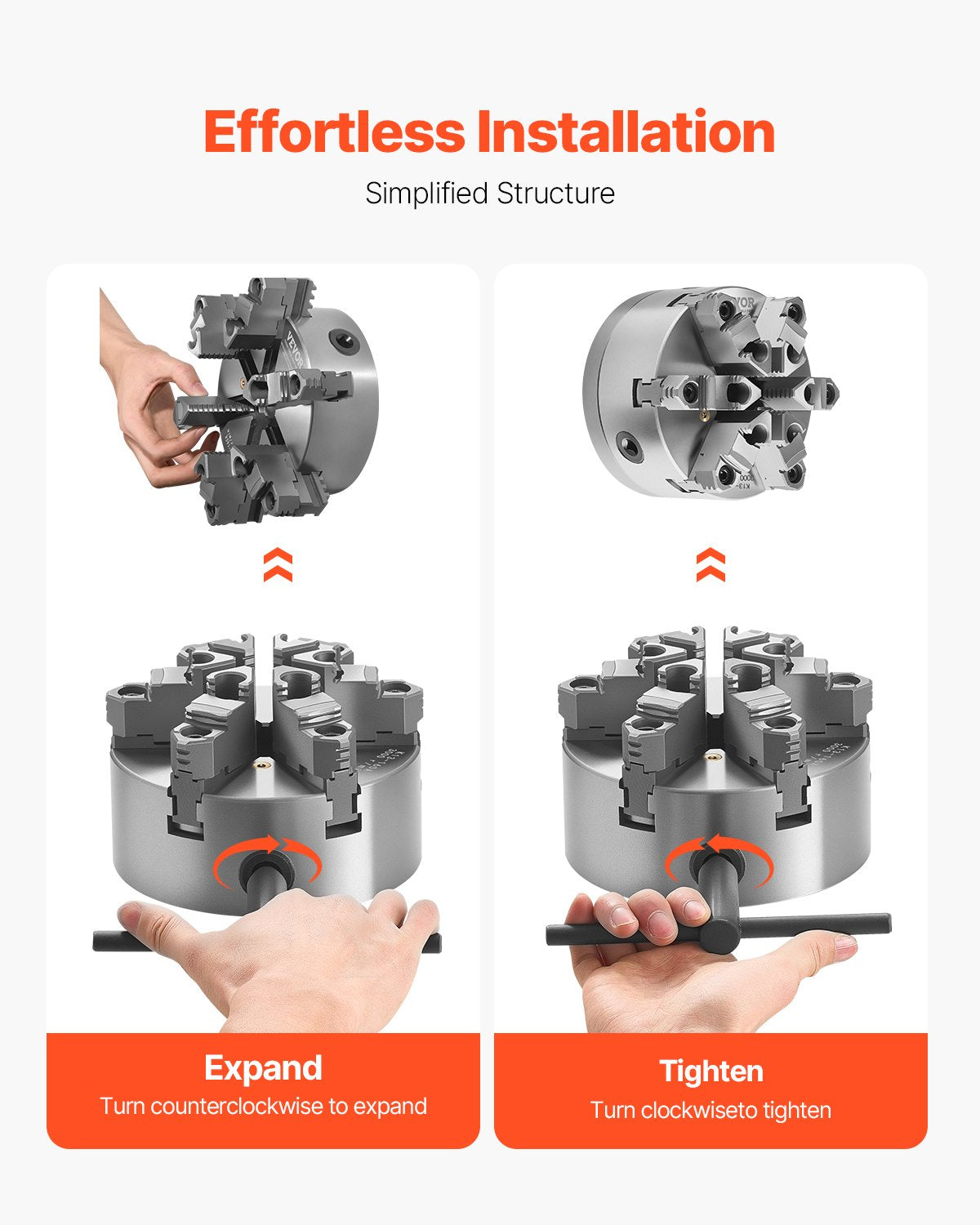 VEVOR 6-Jaw Lathe Chuck, 6 Inch (160 mm), Self-Centering Chuck with D1-4 Cam Lock Backing Plate, 0.12-5.71 in (3-145 mm) Clamping Range with T-wrench Screws, HT300 Material, for Wood Metal Lathe