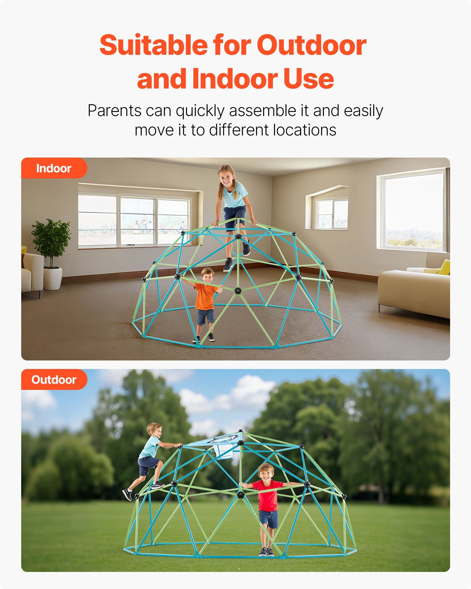 Climbing Dome, 305cm Geometric Dome Climber for Kids, 453kg Loading Jungle Gym Playground with Octopus Net & 2 Basketballs, Easy-Assembly Outdoor Backyard Climbing Toys - Gift for Boys Girls