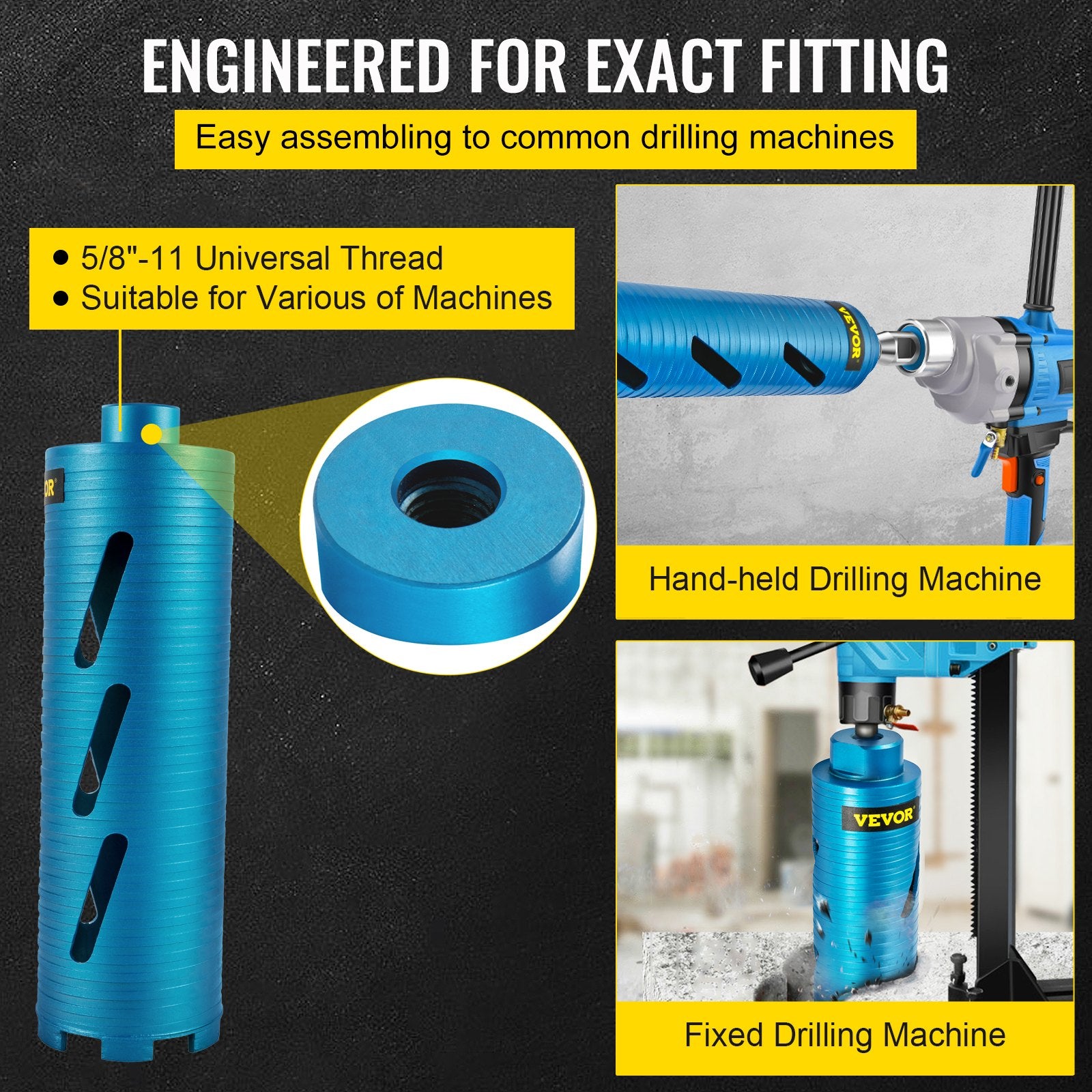 VEVOR Dry Core Drill Bit, 88.9 mm Diameter 11 Threaded, 241.3mm Depth Diamond Coring Bore Tool with a Pilot Bit & Blade, Masonry Hole Saw Bits for Hard Concrete Brick