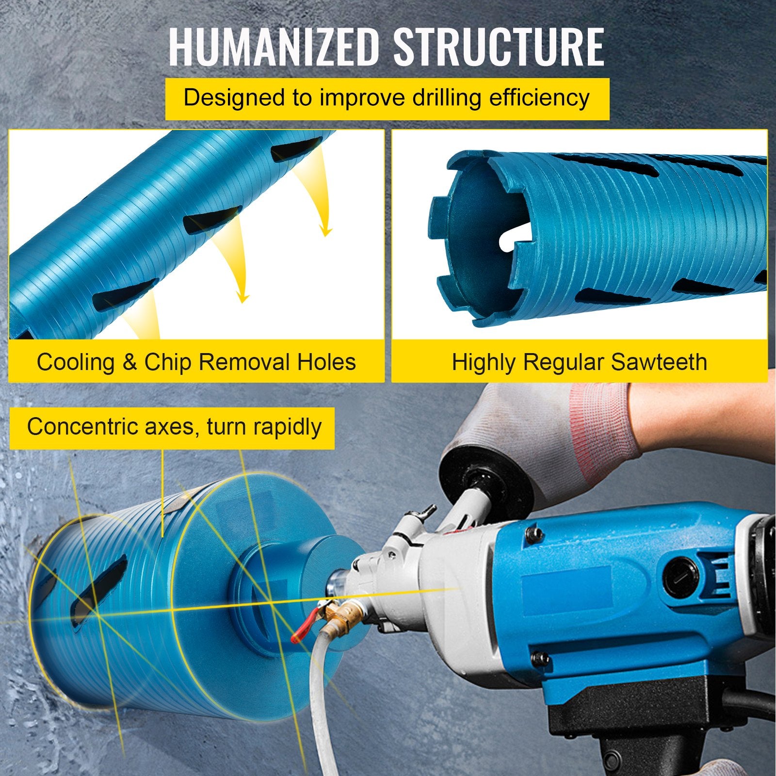 VEVOR Dry Core Drill Bit, 88.9 mm Diameter 11 Threaded, 241.3mm Depth Diamond Coring Bore Tool with a Pilot Bit & Blade, Masonry Hole Saw Bits for Hard Concrete Brick
