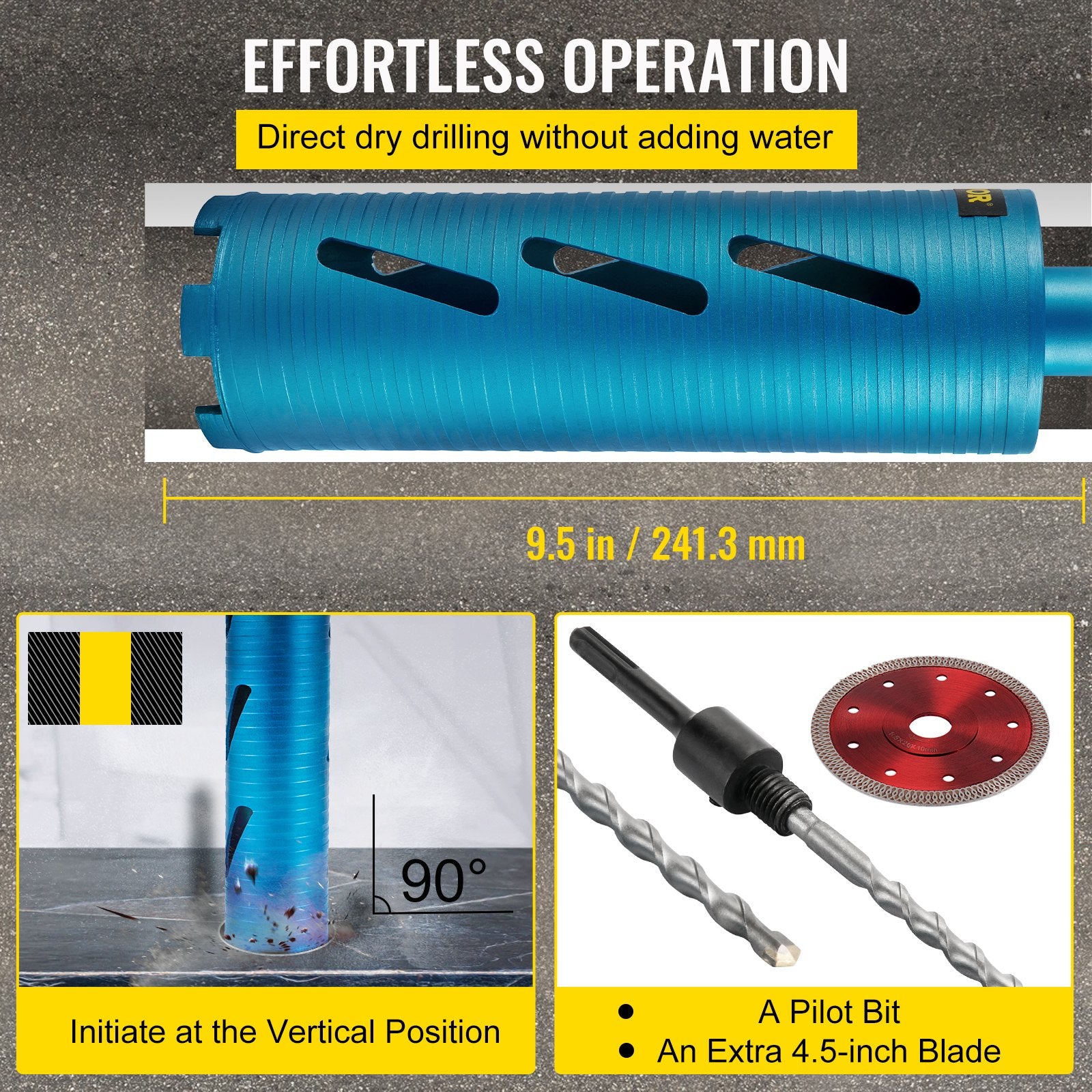 VEVOR Dry Core Drill Bit, 88.9 mm Diameter 11 Threaded, 241.3mm Depth Diamond Coring Bore Tool with a Pilot Bit & Blade, Masonry Hole Saw Bits for Hard Concrete Brick