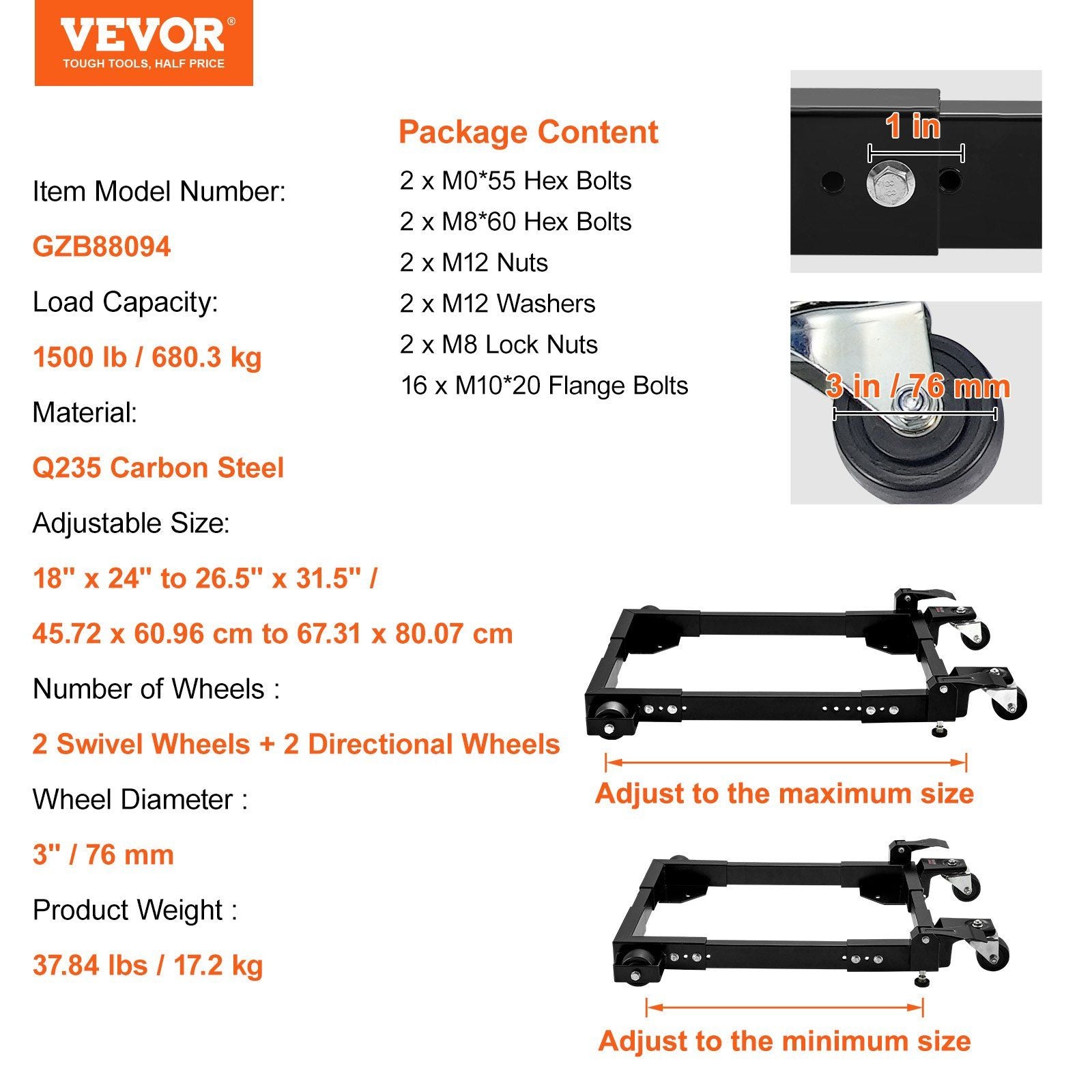 Mobile Base, 680.3 kg Capacity, Adjustable from 457.2 x 609.6 mm to 673.1 x 800.7 mm, Heavy Duty Universal Mobile Base Stand with Swivel Wheels, for Woodworking Equipment, Bandsaw, Power Tools