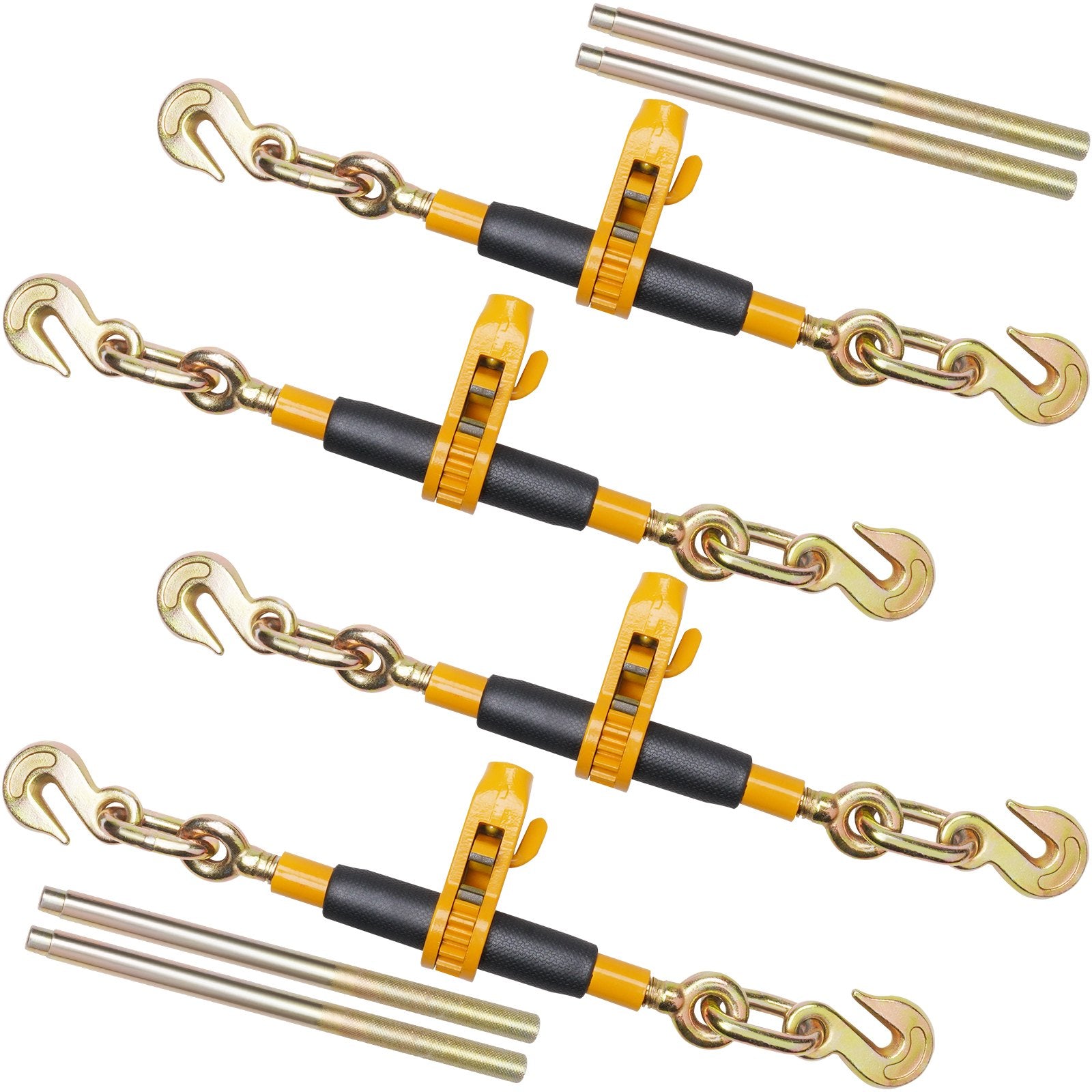 VEVOR Ratchet Chain Binder, 0.9-1.27 cm Heavy Duty Load Binders, with G80 Hooks 5443 kg Secure Load Limit, Labor-saving Anti-skid Handle, Tie Down Hauling Chain Binders for Flatbed Truck Trailer, 4 Pc