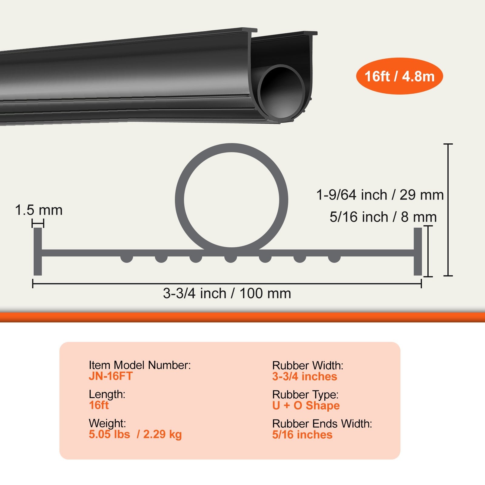 VEVOR Garage Door Seals Bottom Rubber, U Shape +O Ring Combination Garage Door Bottom Weather Seal, 16ft Weatherproofing Garage Door Seal, 5/16 inch T-ends and 3 3/4 inch Width, for Doors, Black