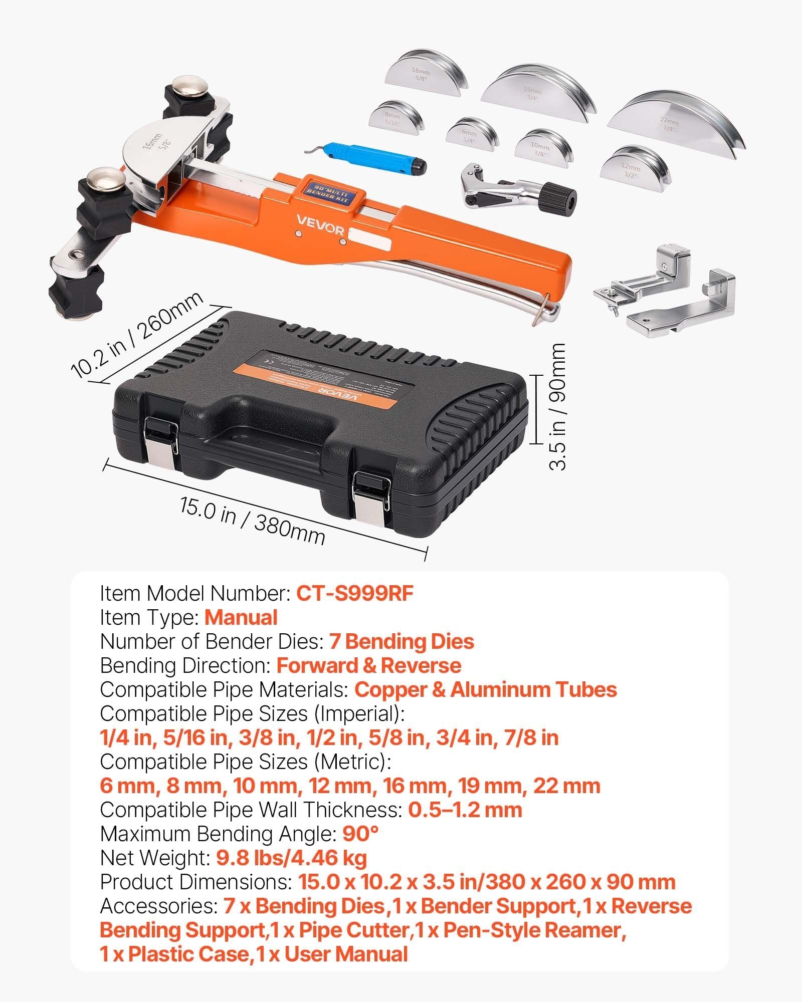 Tubing Bender Kit, 6 mm to 22 mm, Compact Ratcheting Tube Pipe Bender, Forward/Reverse Hand Bending Tool, with 7 Aluminium Alloy Dies, for Copper HVAC Air Conditioning Refrigeration Auto Repair